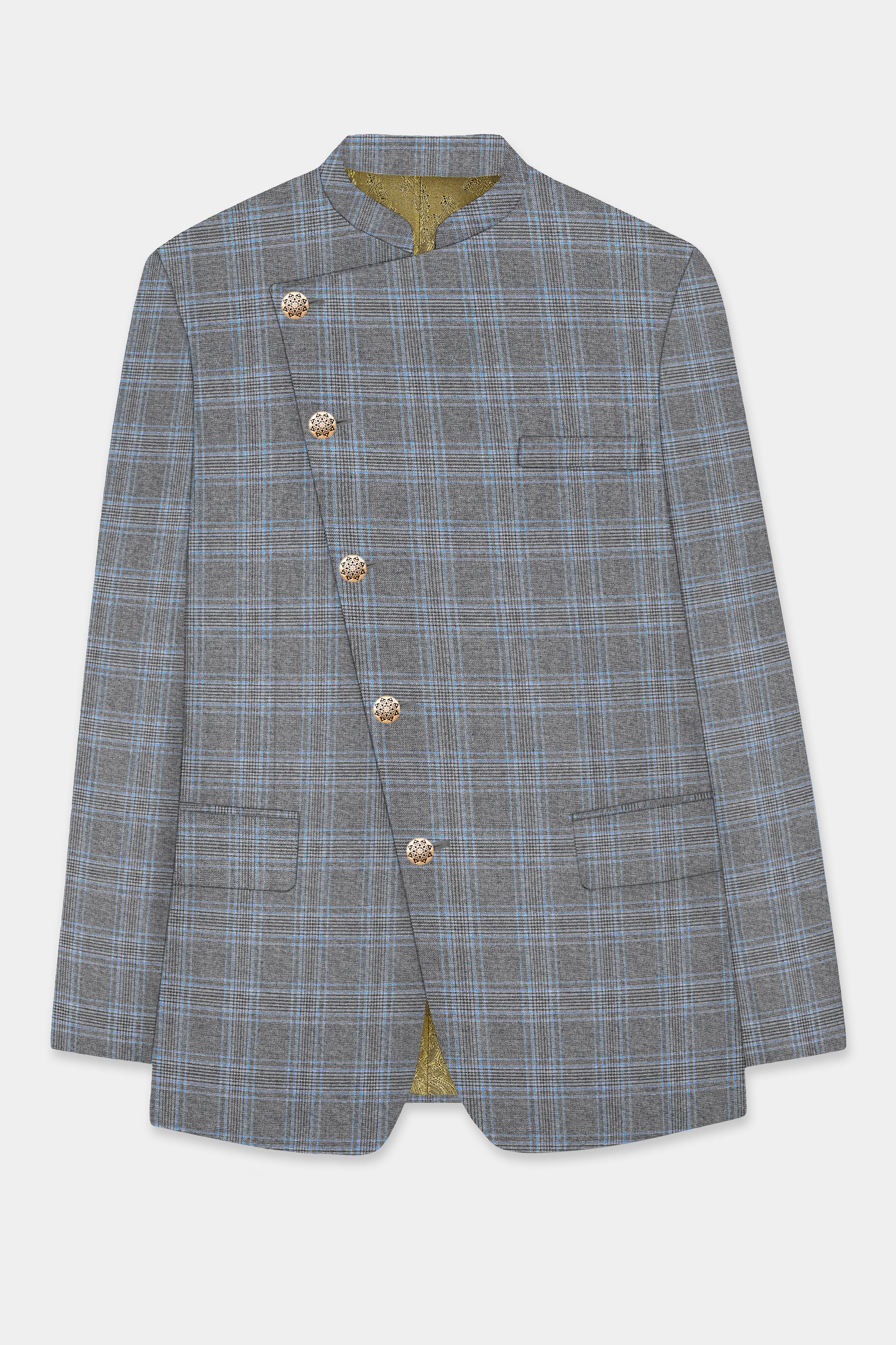 Smokey Gray And Spindle Blue Plaid Wool Rich Cross Placket Bandhgala Blazer