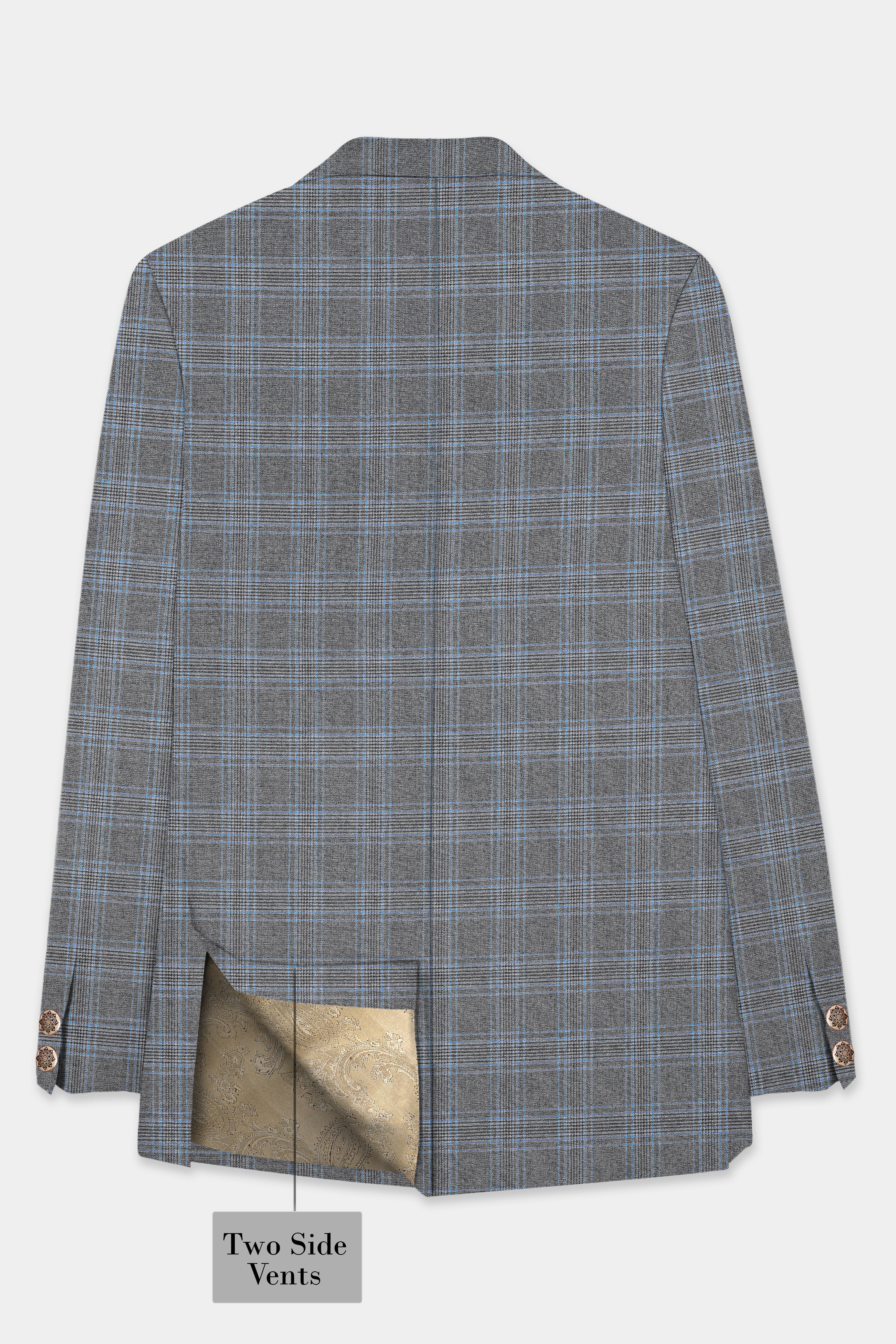 Smokey Gray And Spindle Blue Plaid Wool Rich Cross Placket Bandhgala Blazer