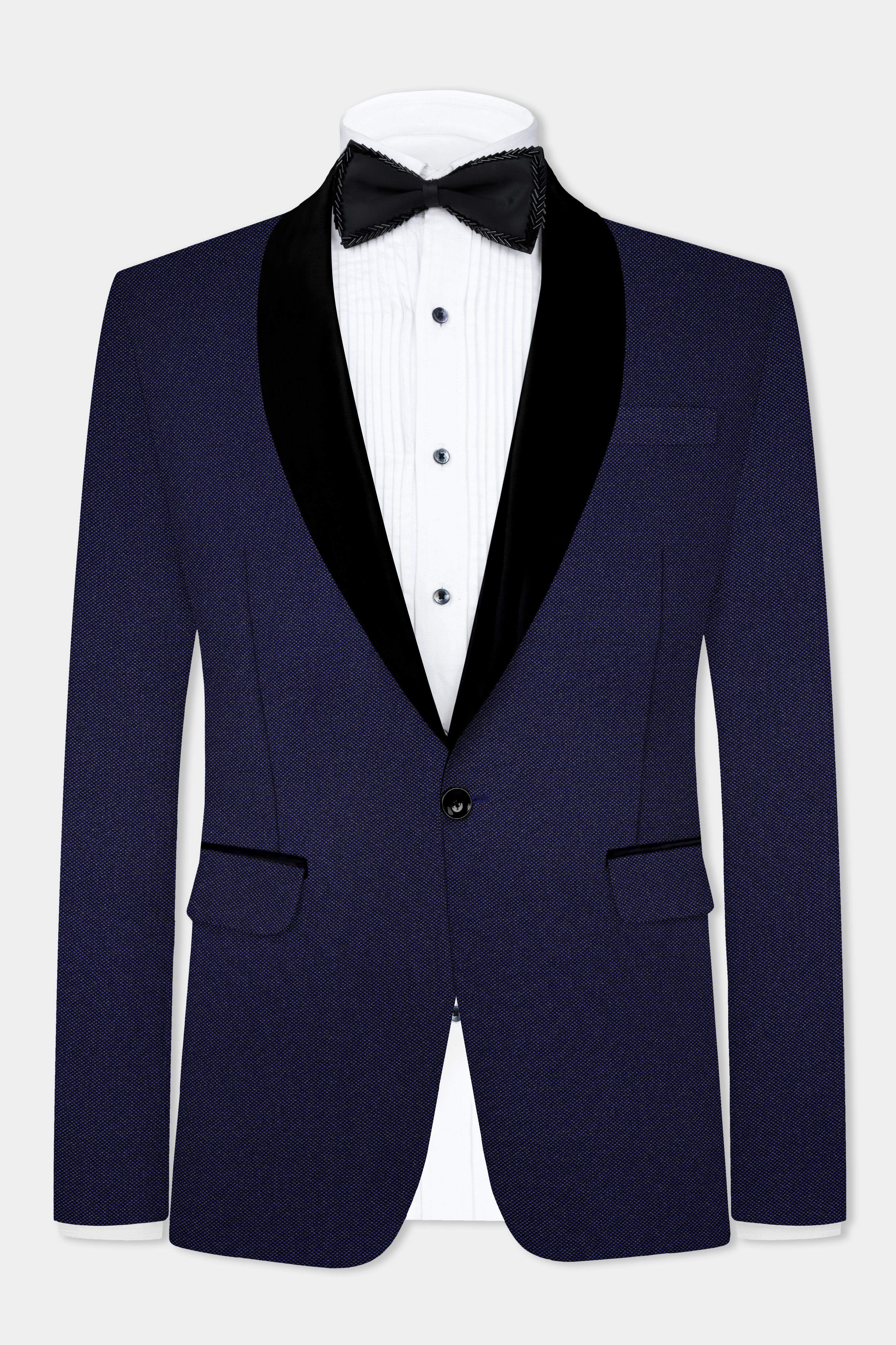 Midnight Blue Textured Wool Rich Tuxedo Blazer