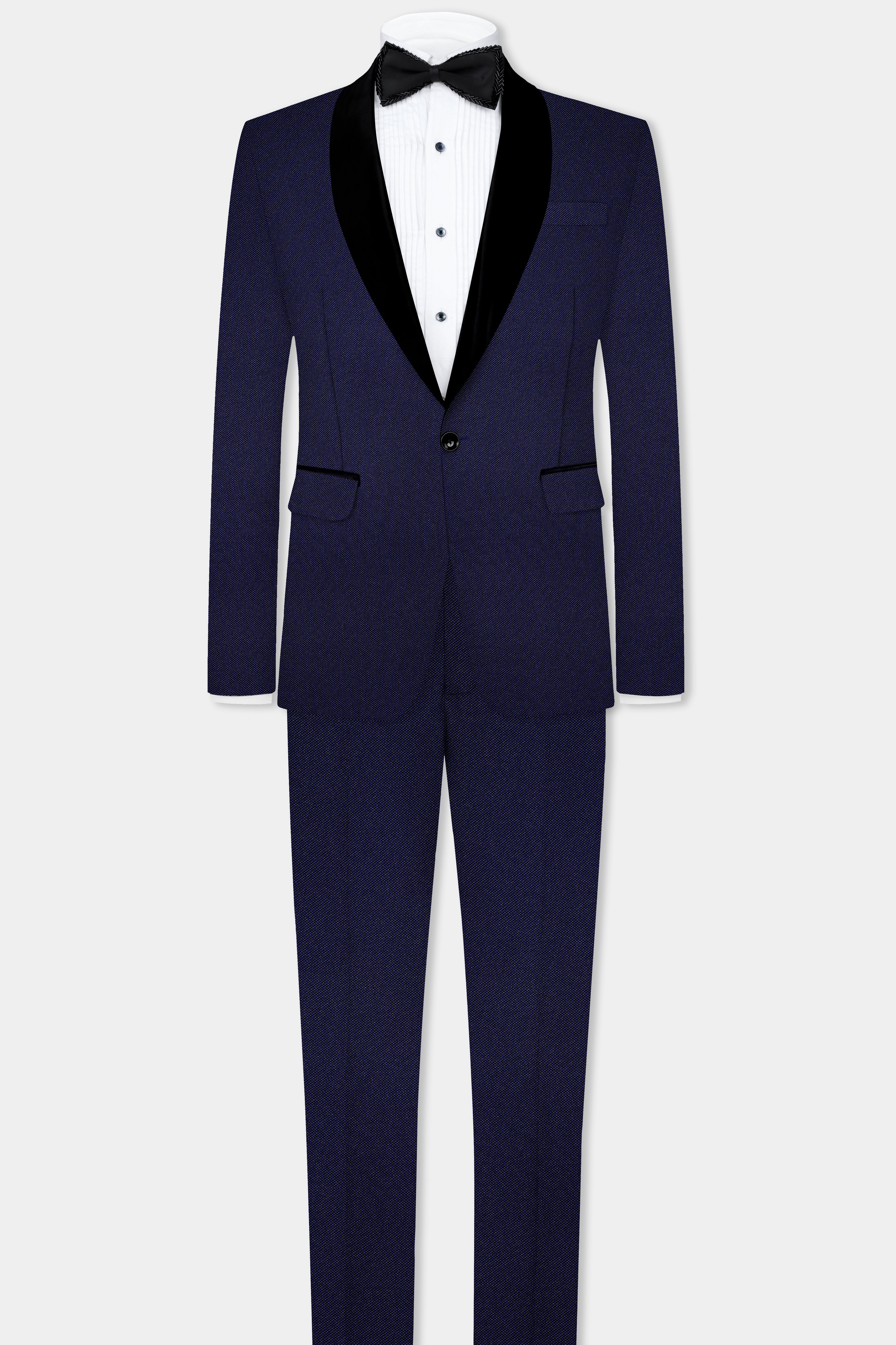 Midnight Blue Textured Wool Rich Tuxedo Blazer