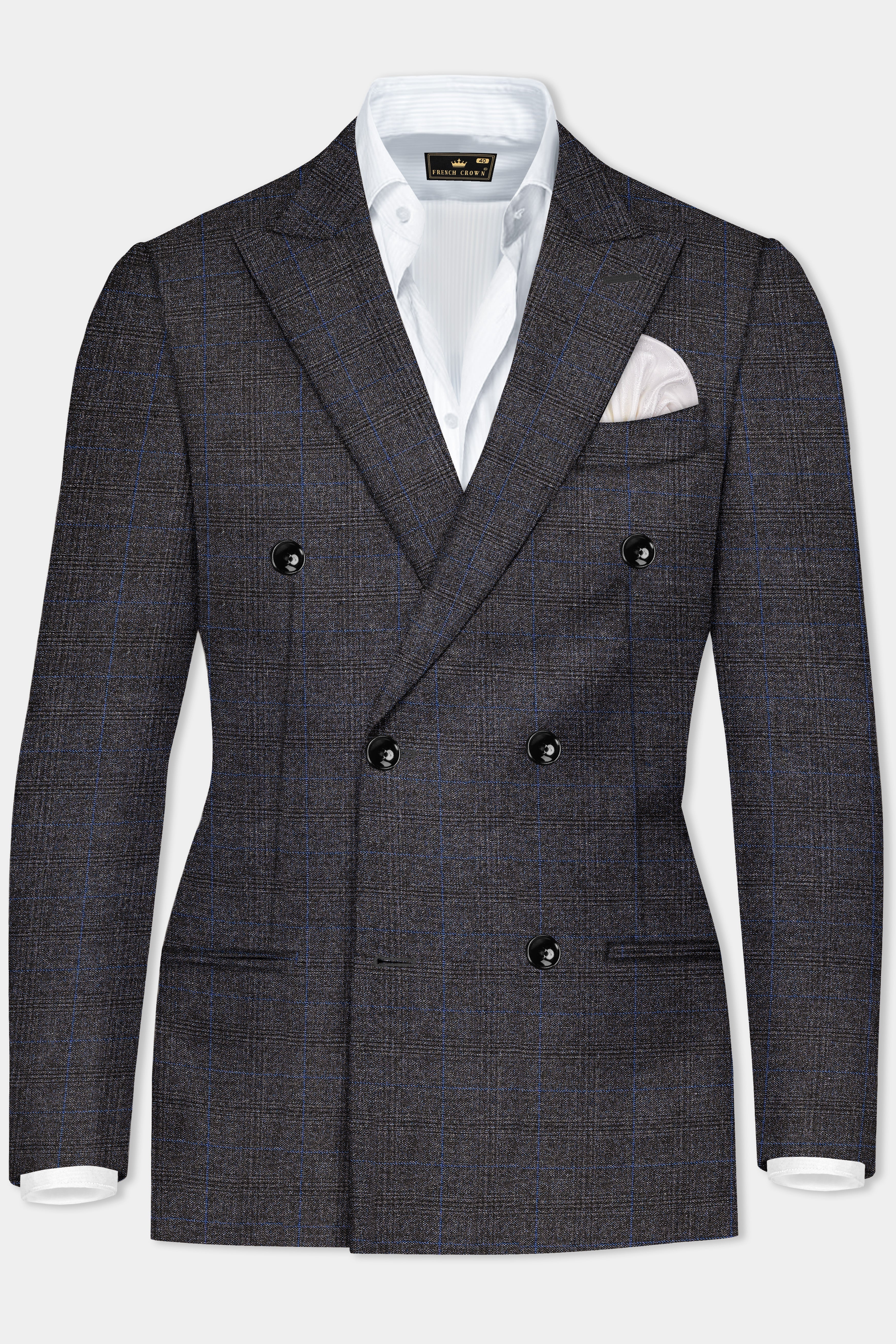 Thunder Gray Plaid Wool Rich Double Breasted Blazer