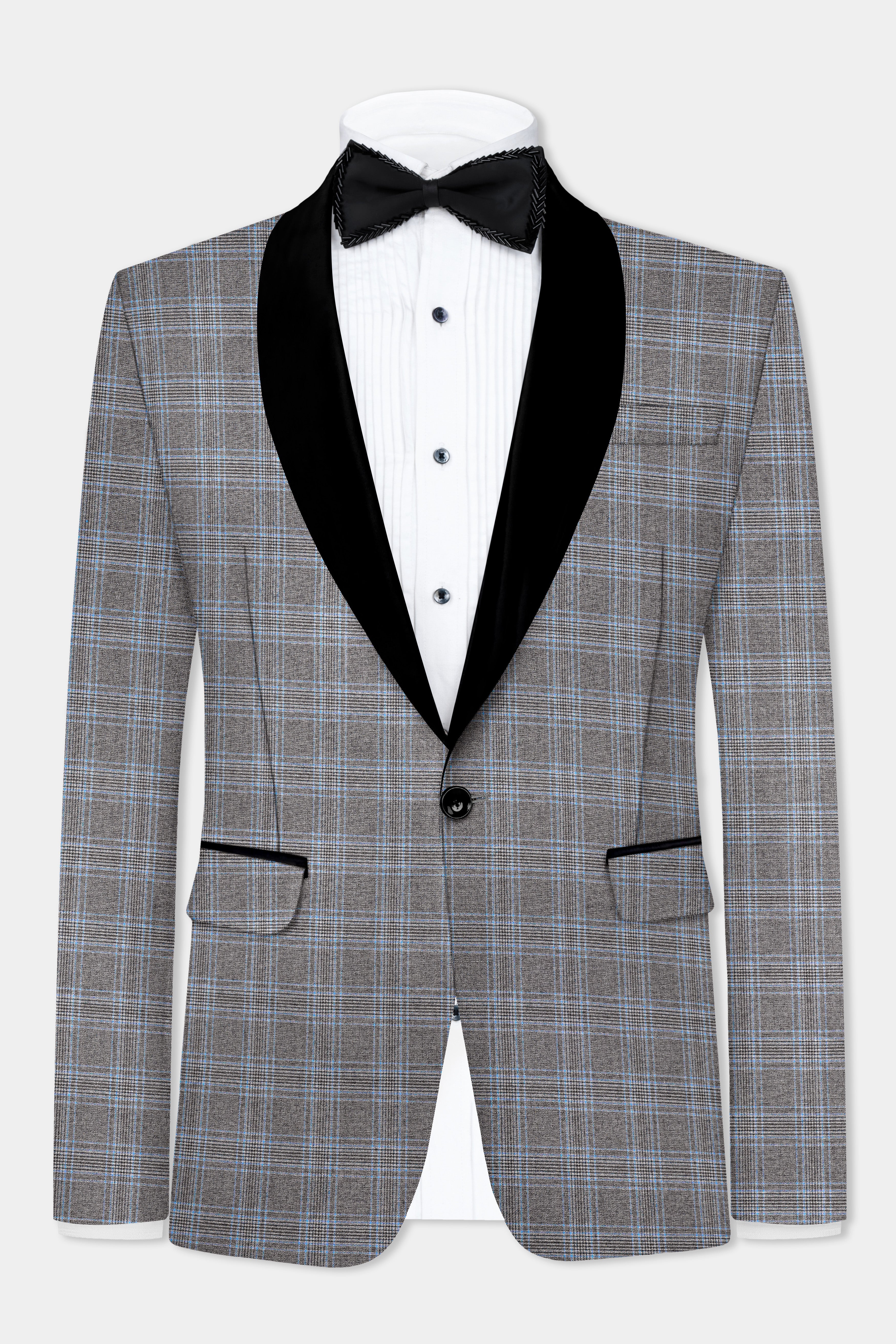 Smokey Gray And Spindle Blue Plaid Wool Rich Tuxedo Blazer