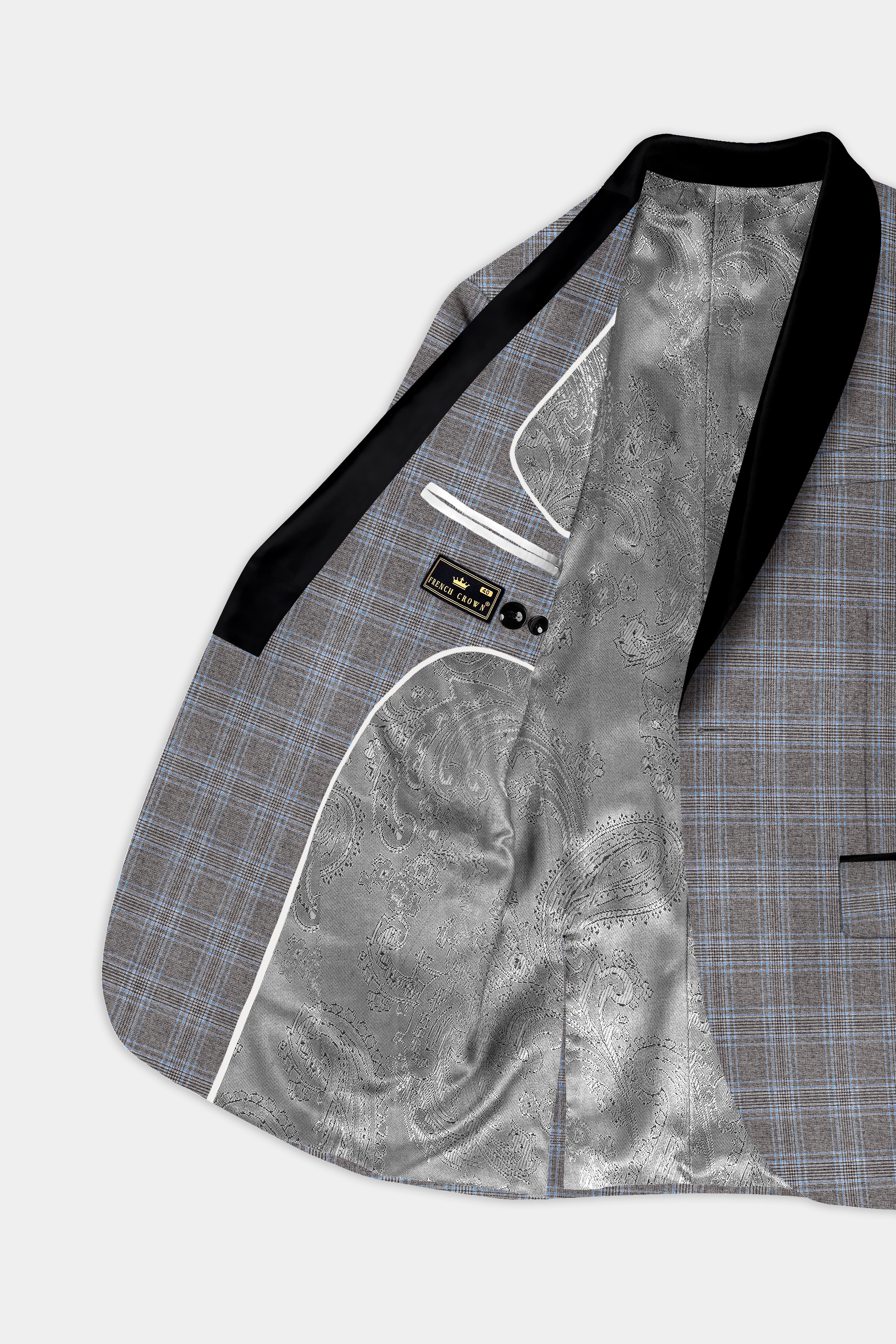 Smokey Gray And Spindle Blue Plaid Wool Rich Tuxedo Blazer