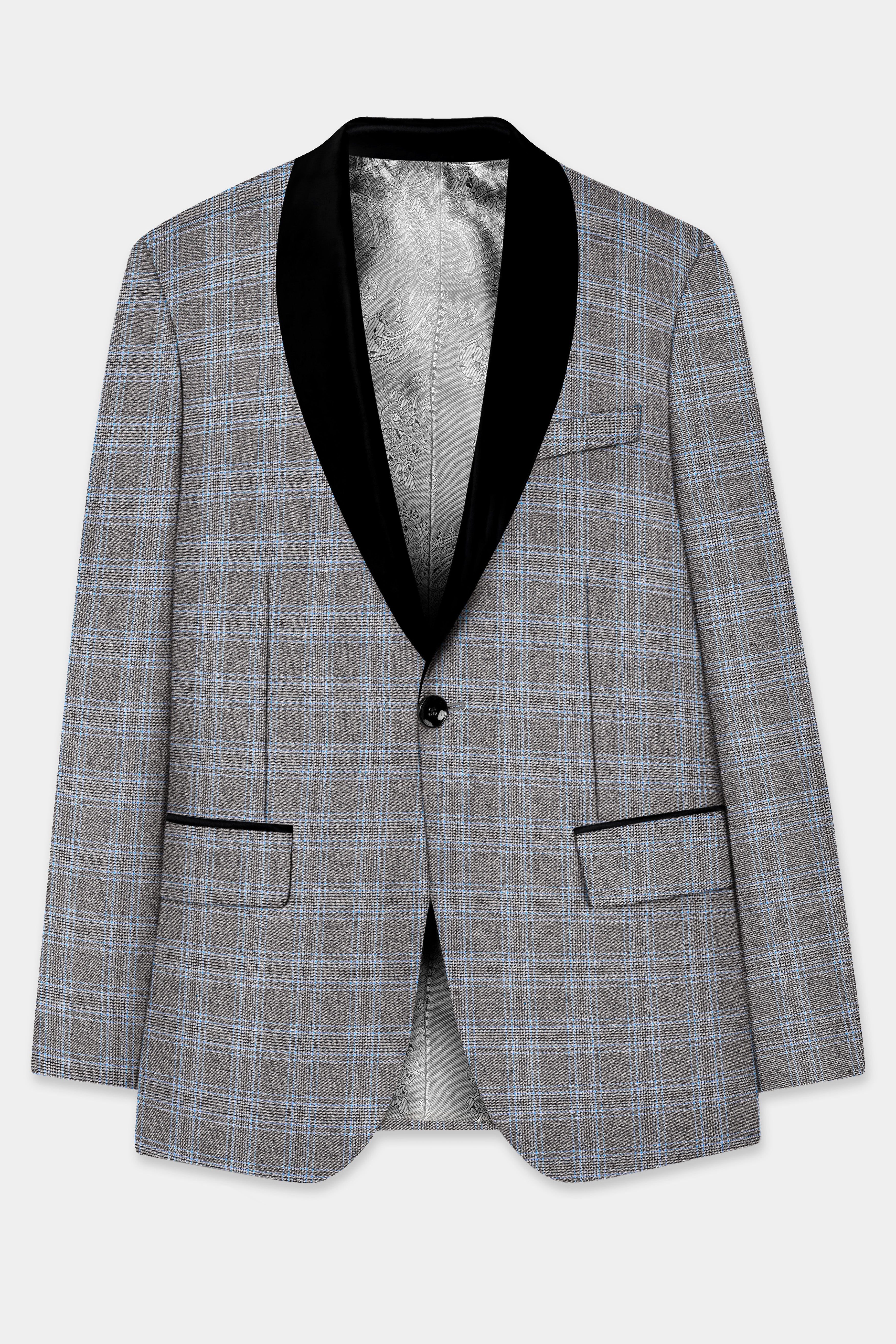 Smokey Gray And Spindle Blue Plaid Wool Rich Tuxedo Blazer