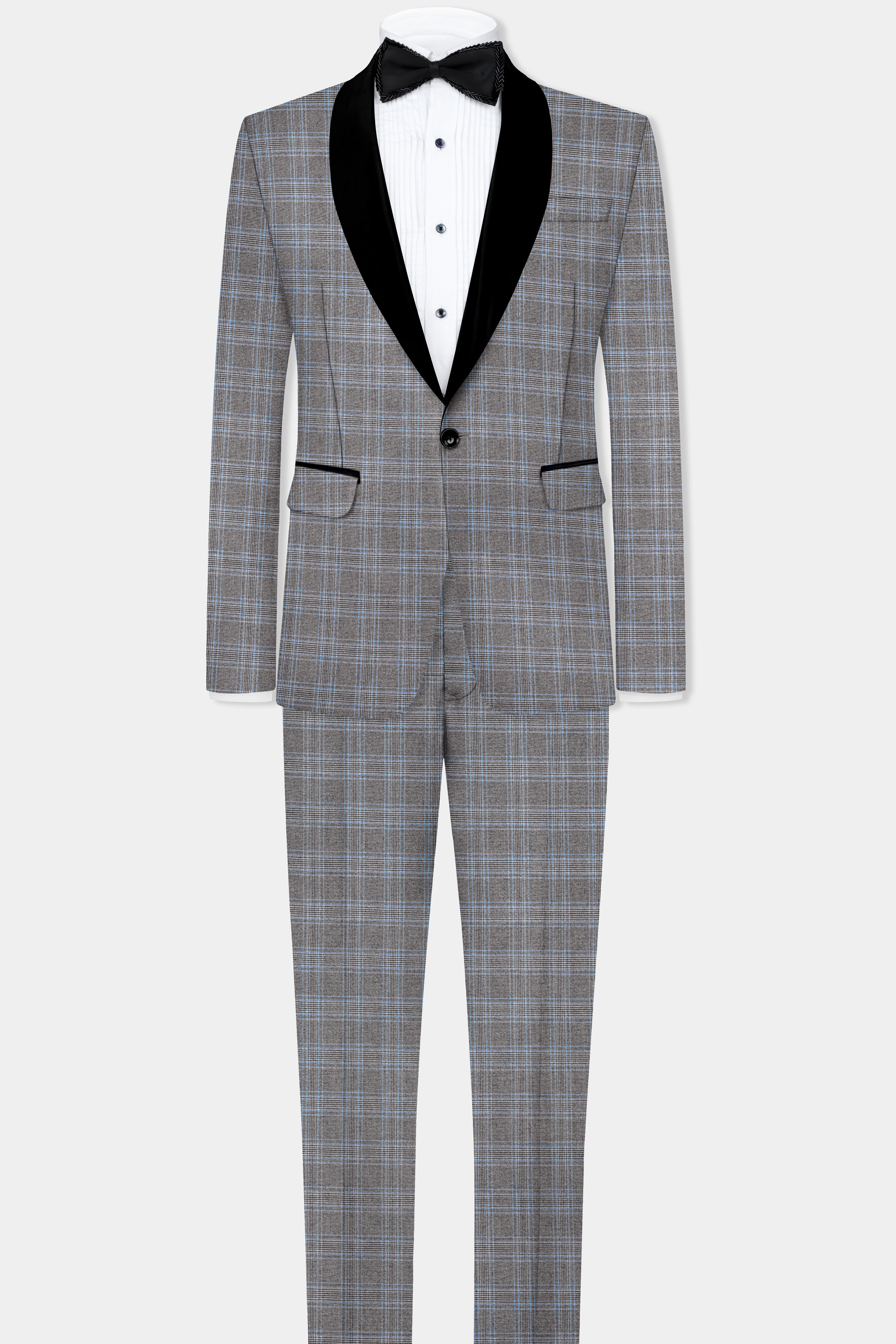 Smokey Gray And Spindle Blue Plaid Wool Rich Tuxedo Blazer