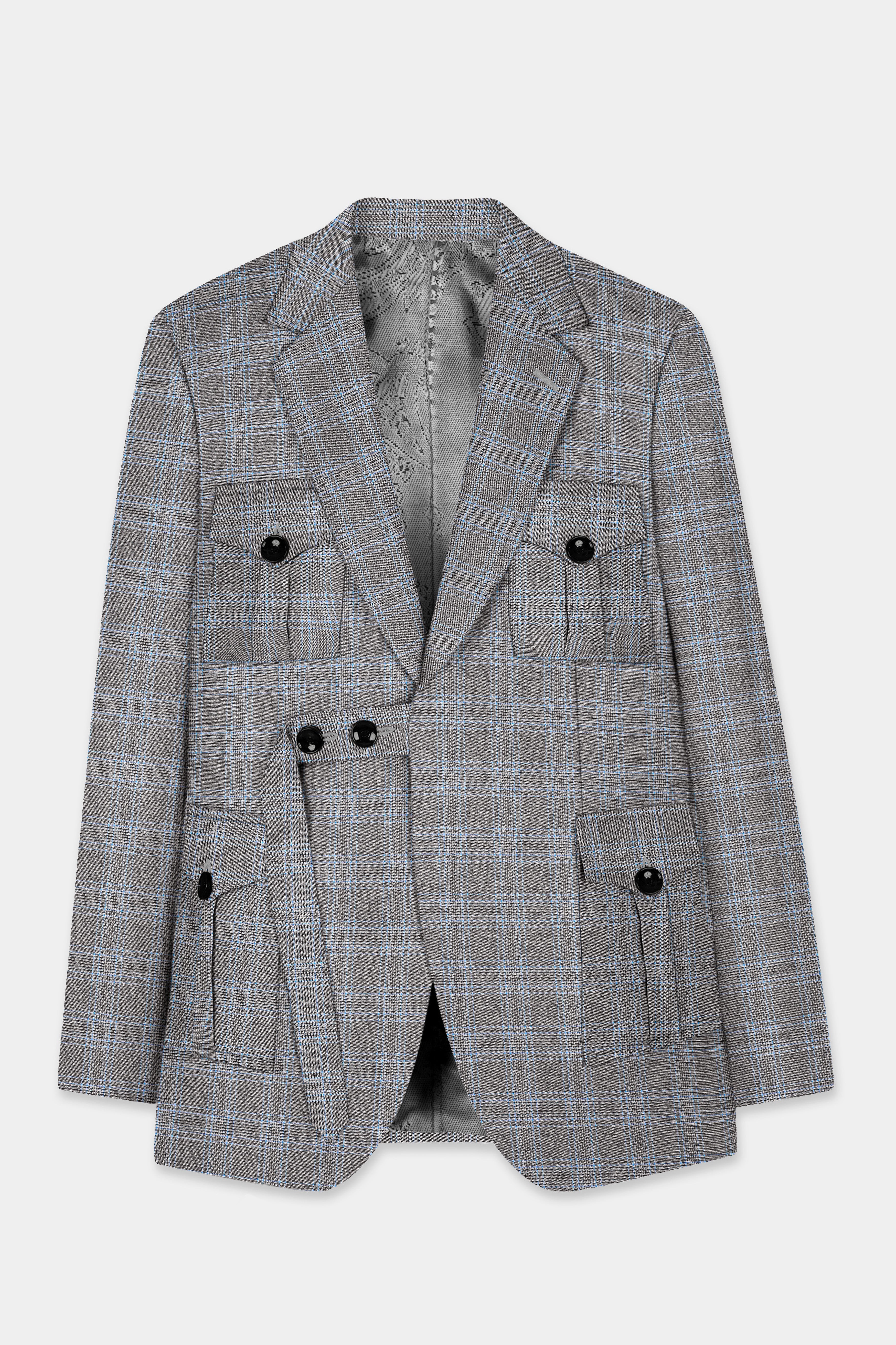 Smokey Gray And Spindle Blue Plaid Wool Rich Belt Closure Designer Blazer