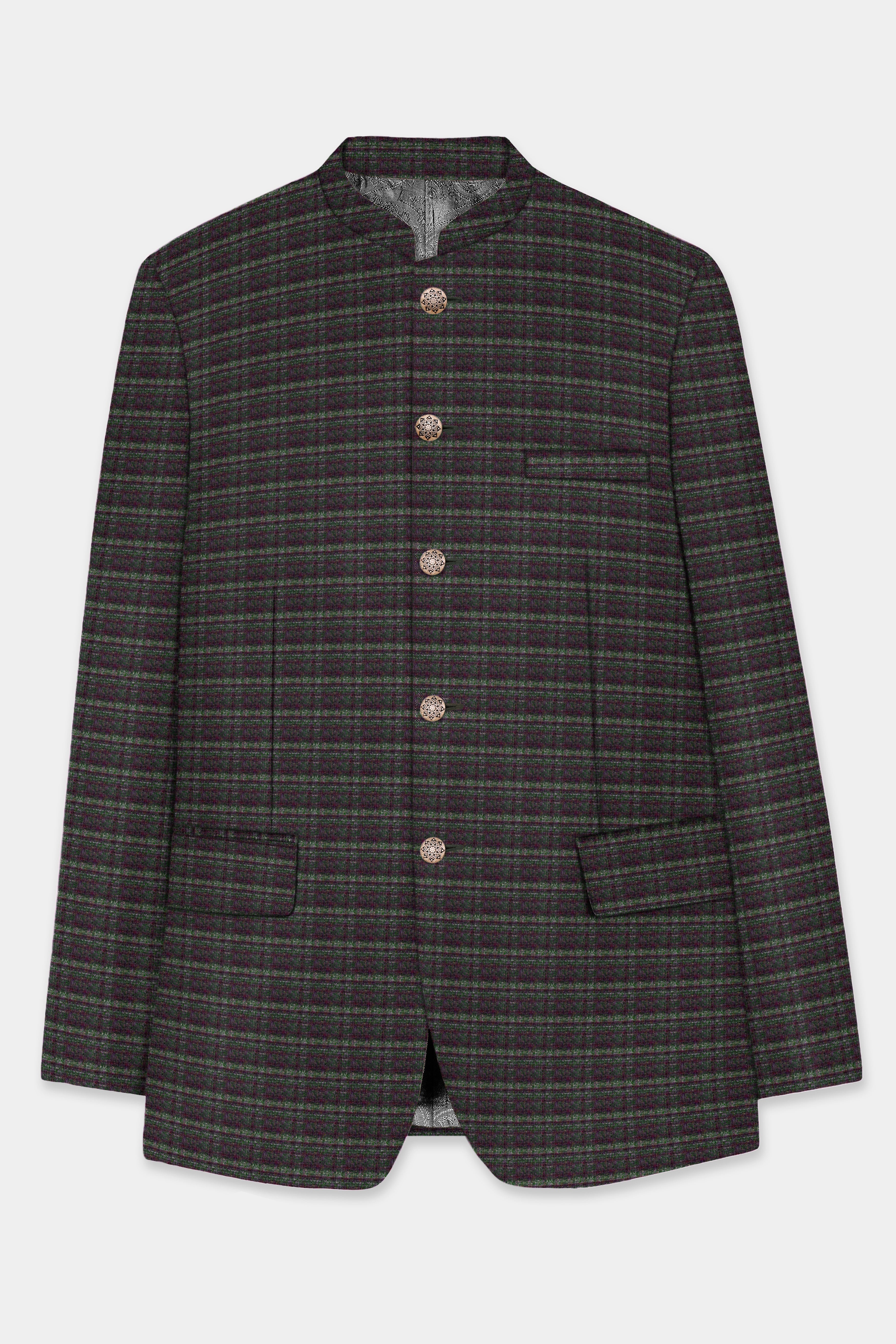 Zeus Gray And Lisbon Green Plaid Wool Rich Bandhgala Blazer