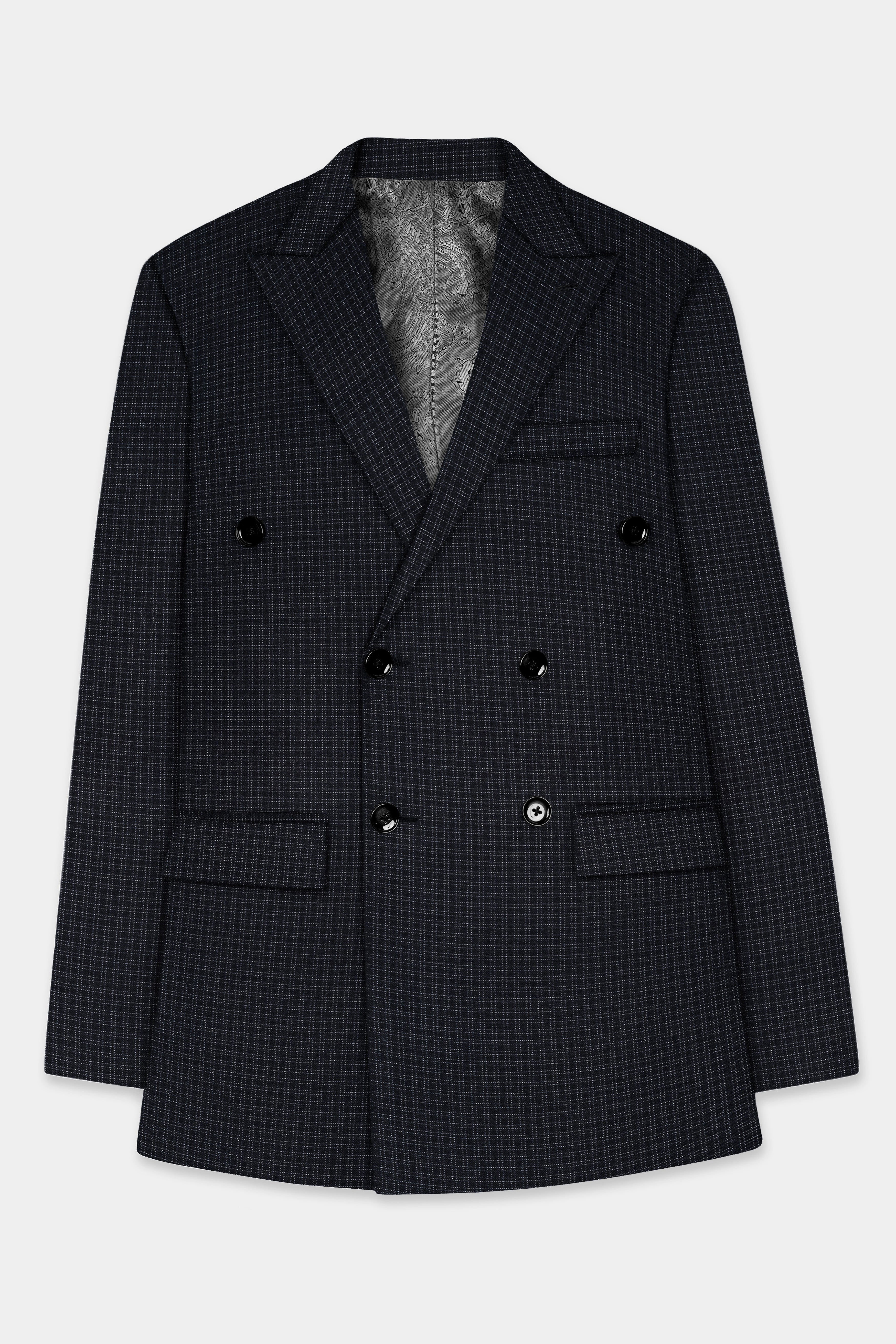 Bunker Black Printed Wool Rich Single Breasted Slim Lapel Blazer