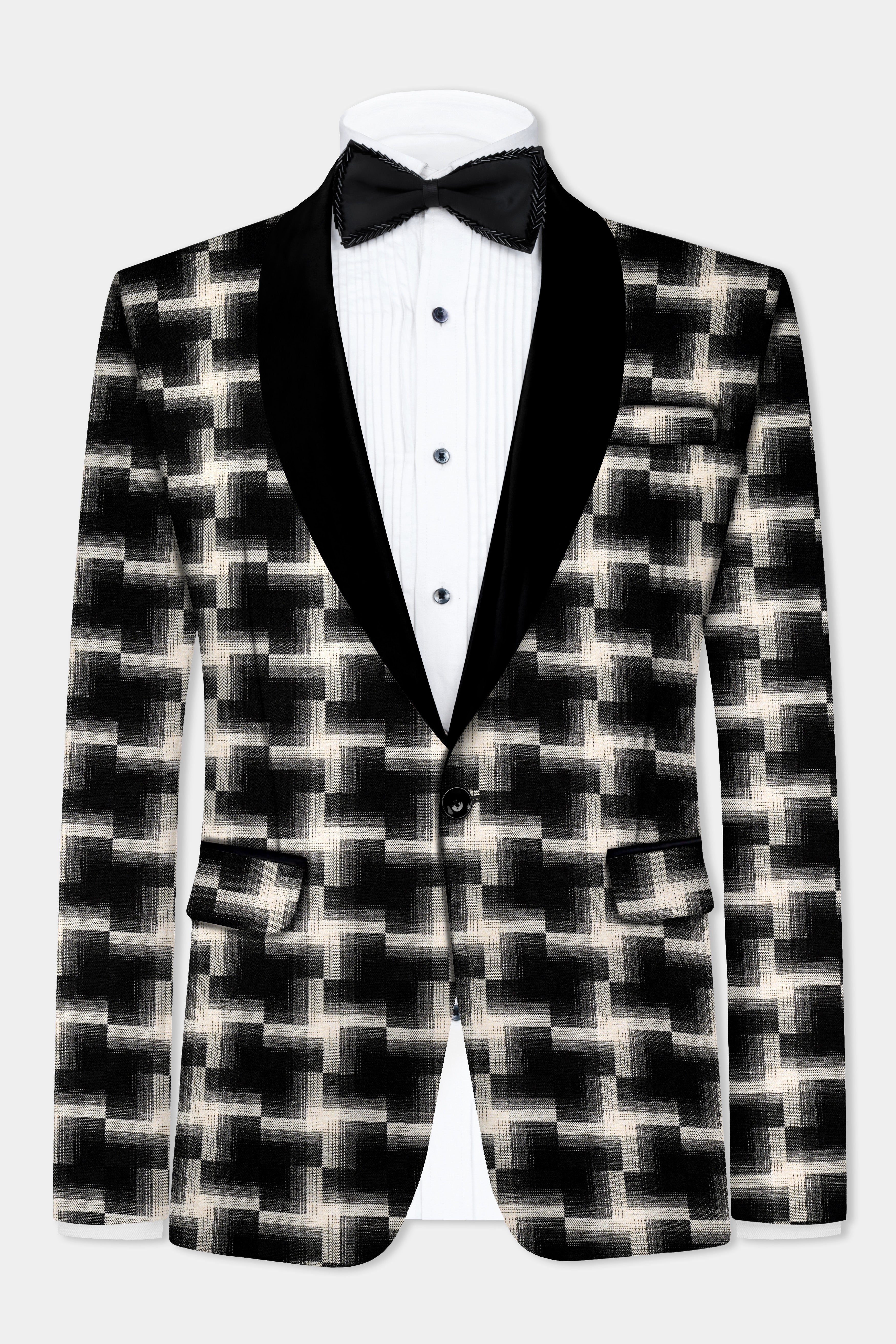 Jade Black And Almond Cream Printed Wool Rich Tuxedo Blazer