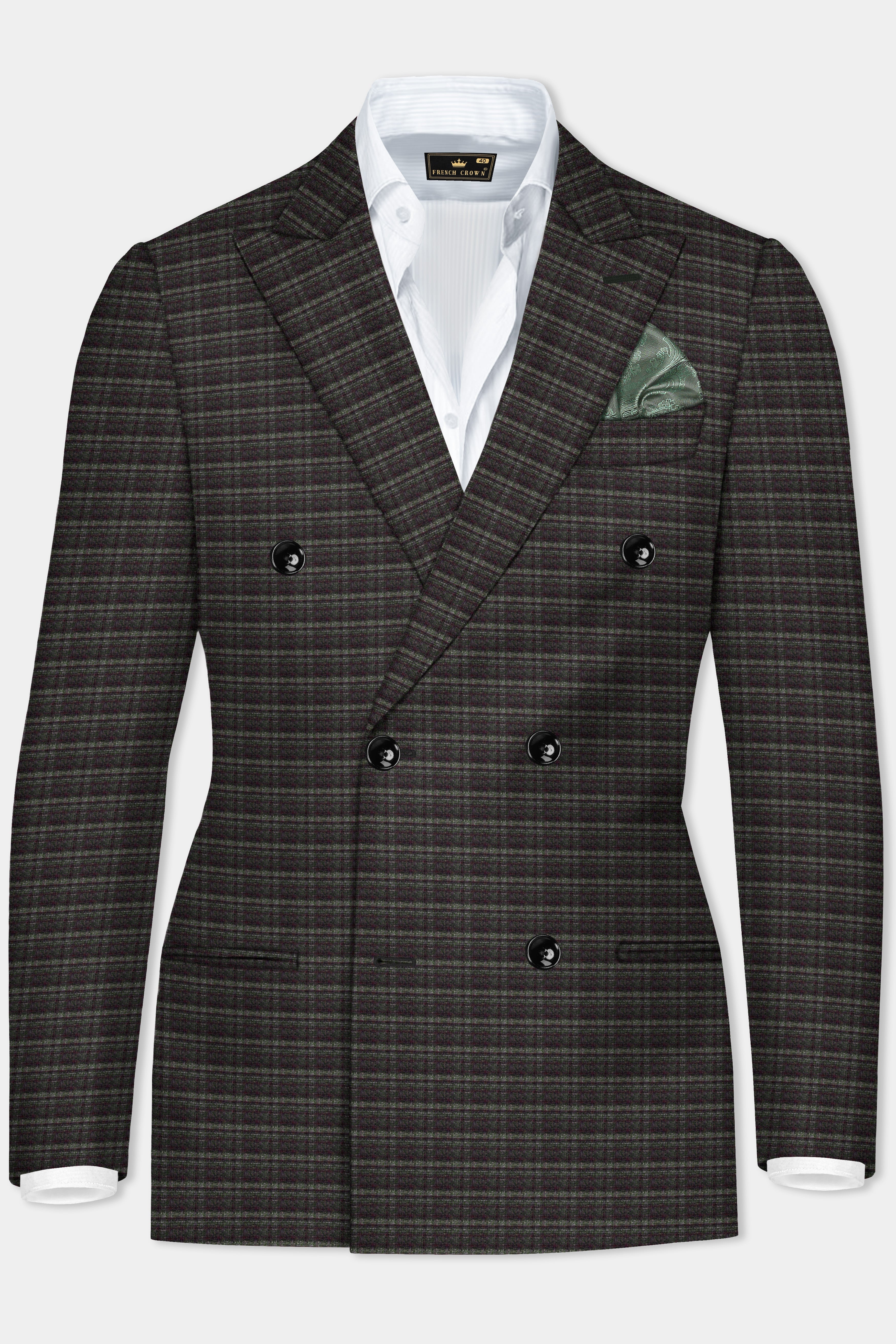 Zeus Gray And Lisbon Green Plaid Wool Rich Double Breasted Blazer