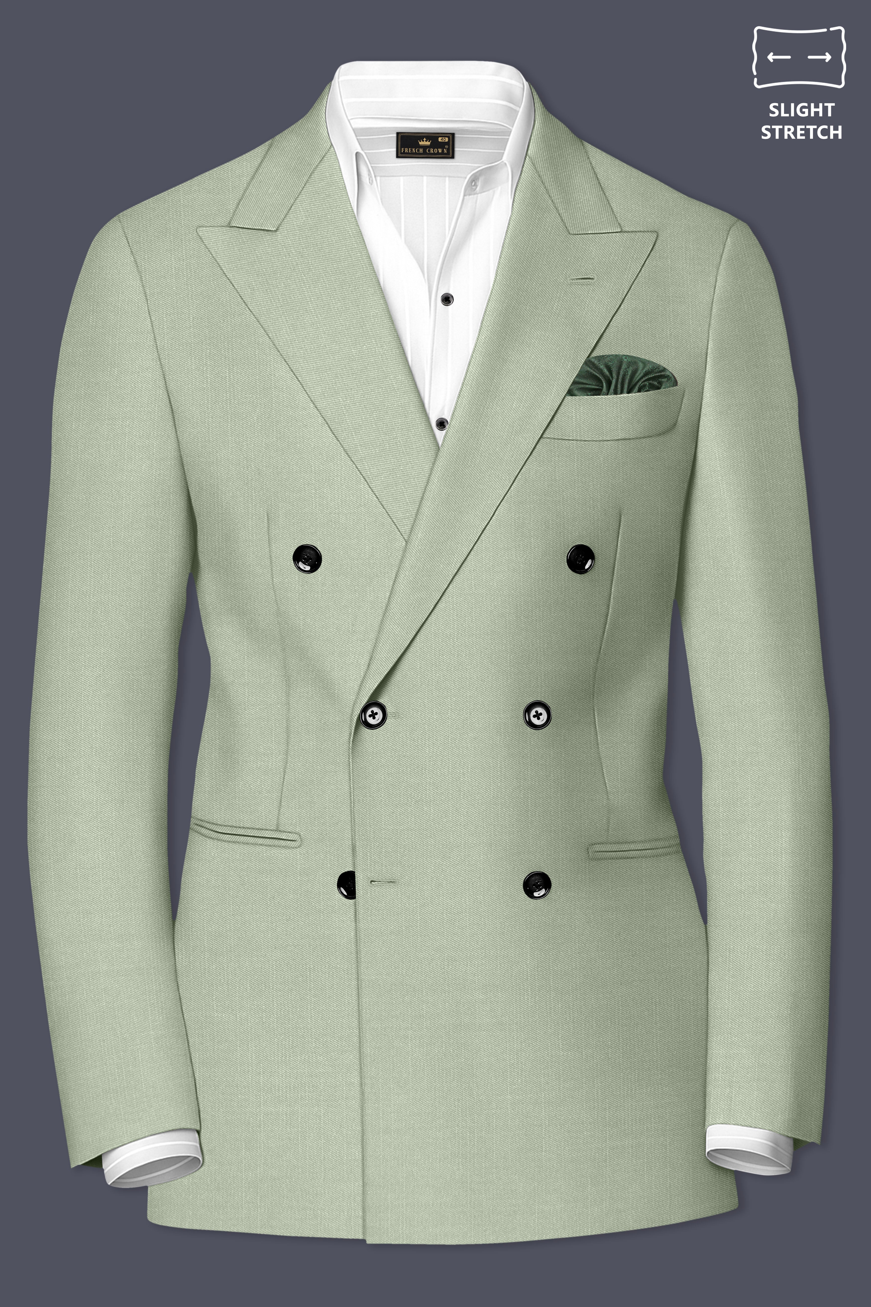Spanish Green Solid Wool Rich Double Breasted Slight Stretch Blazer