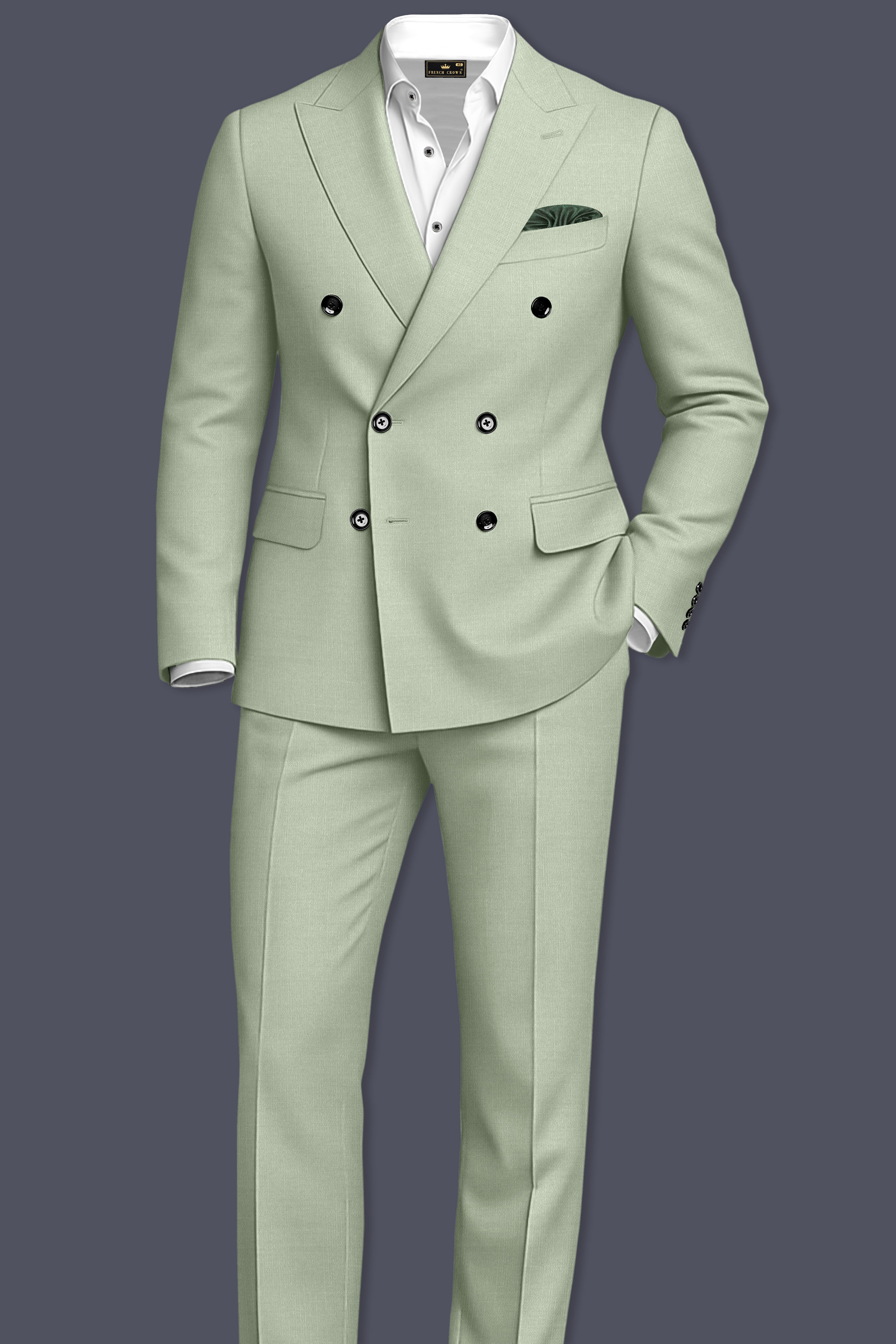 Spanish Green Solid Wool Rich Double Breasted Slight Stretch Blazer