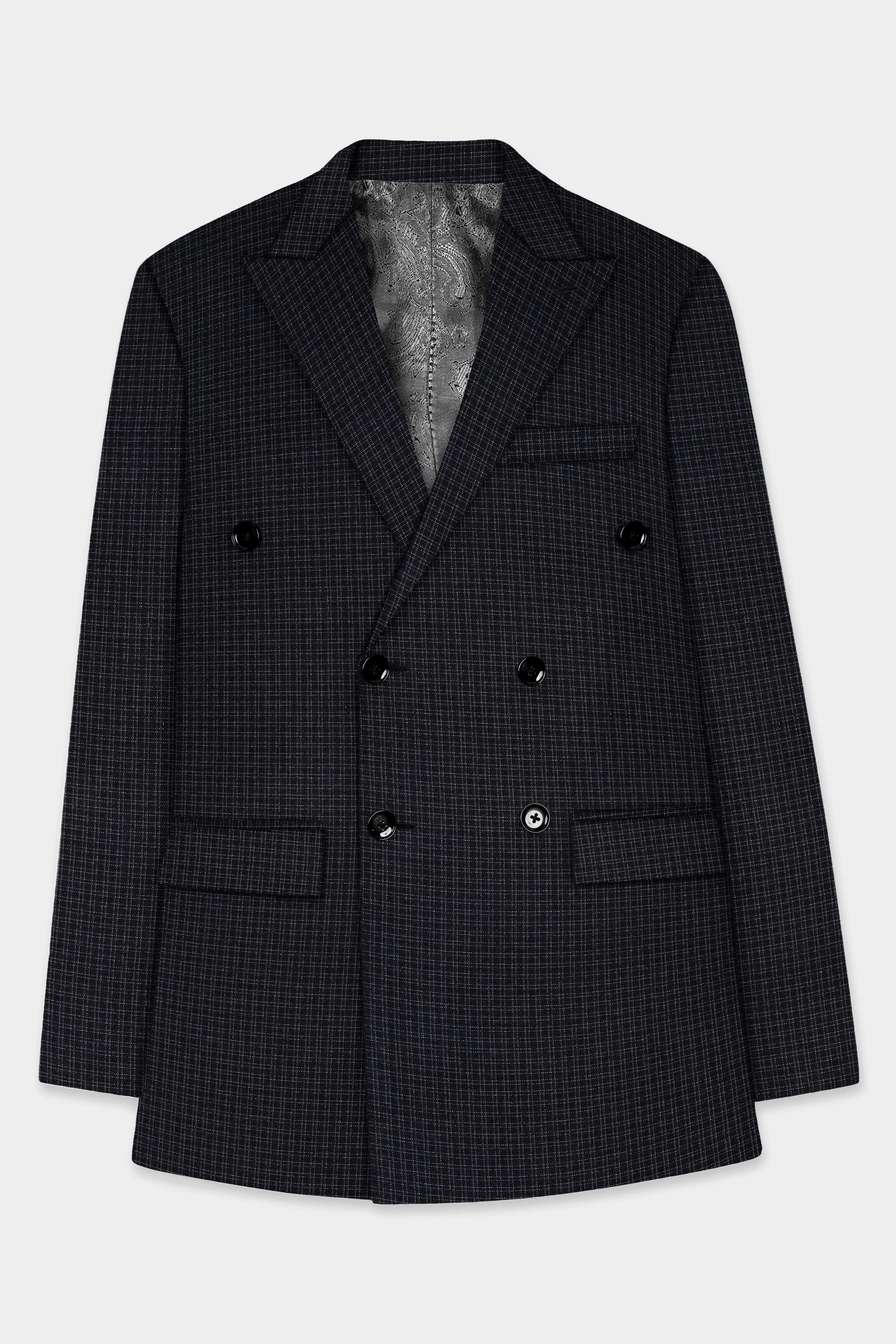 Bunker Black Micro Checked Wool Rich Double Breasted Blazer