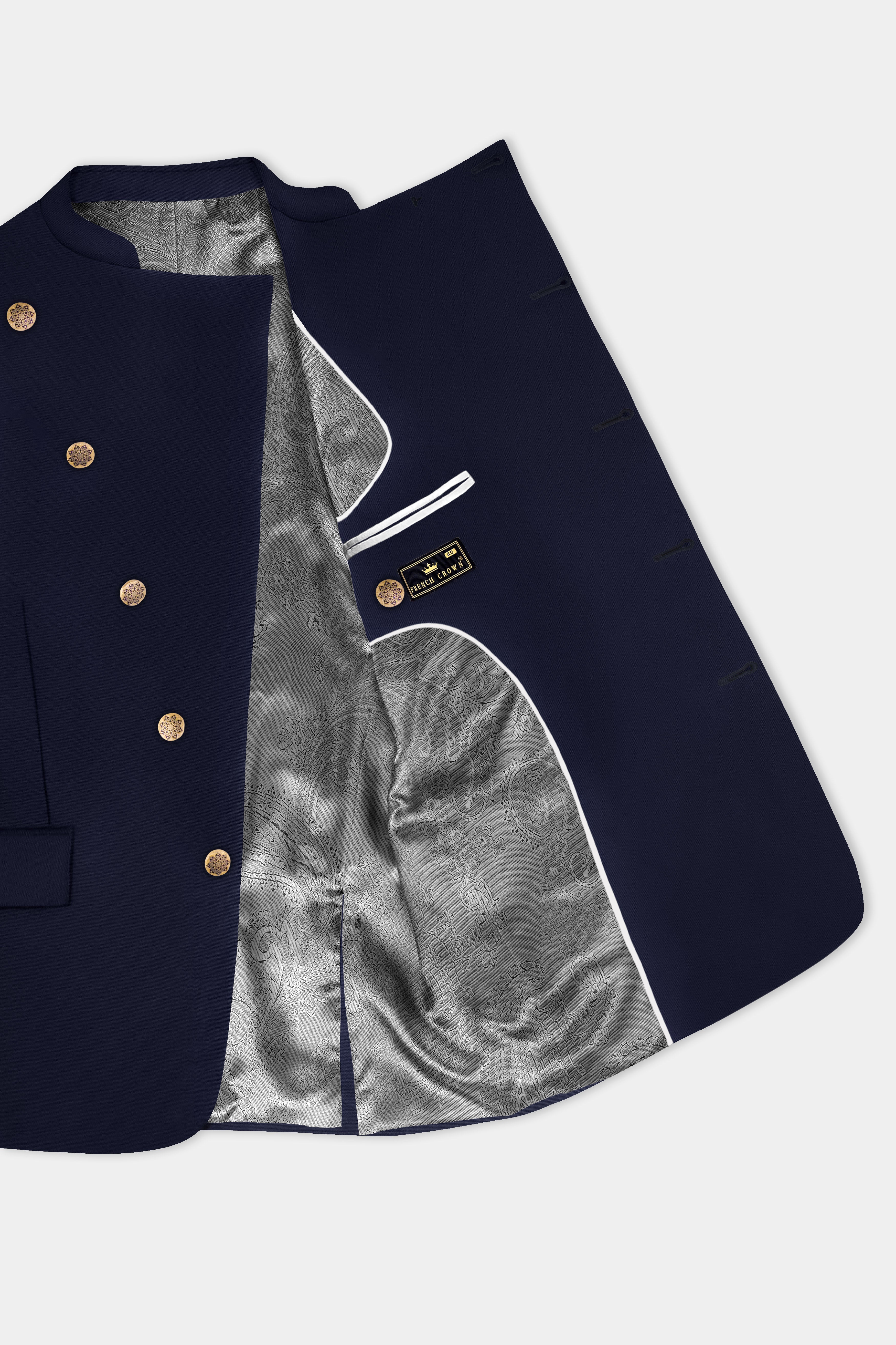 Ribbon Blue Solid Wool Rich Cross Placket Bandhgala Blazer