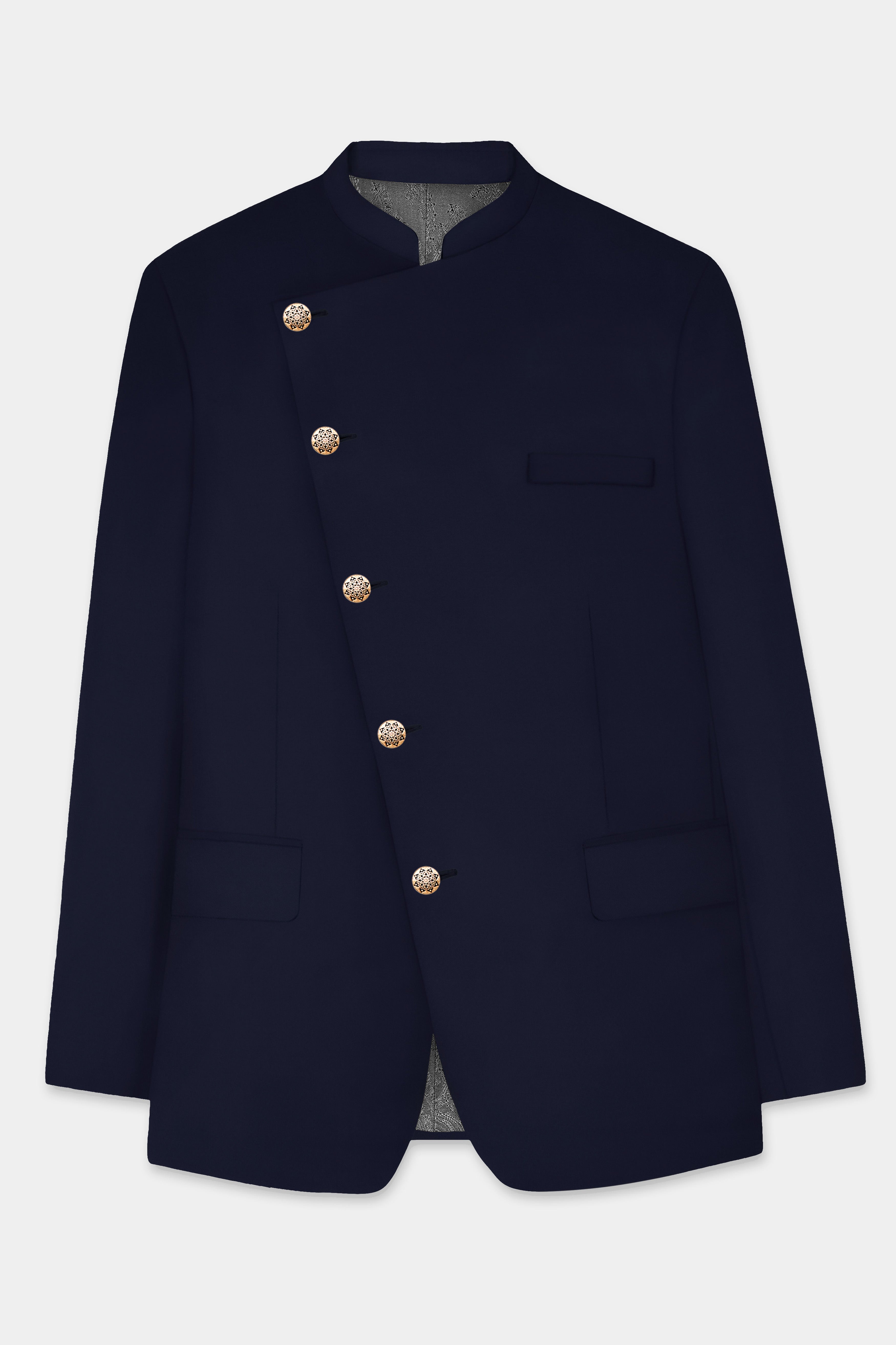 Ribbon Blue Solid Wool Rich Cross Placket Bandhgala Blazer