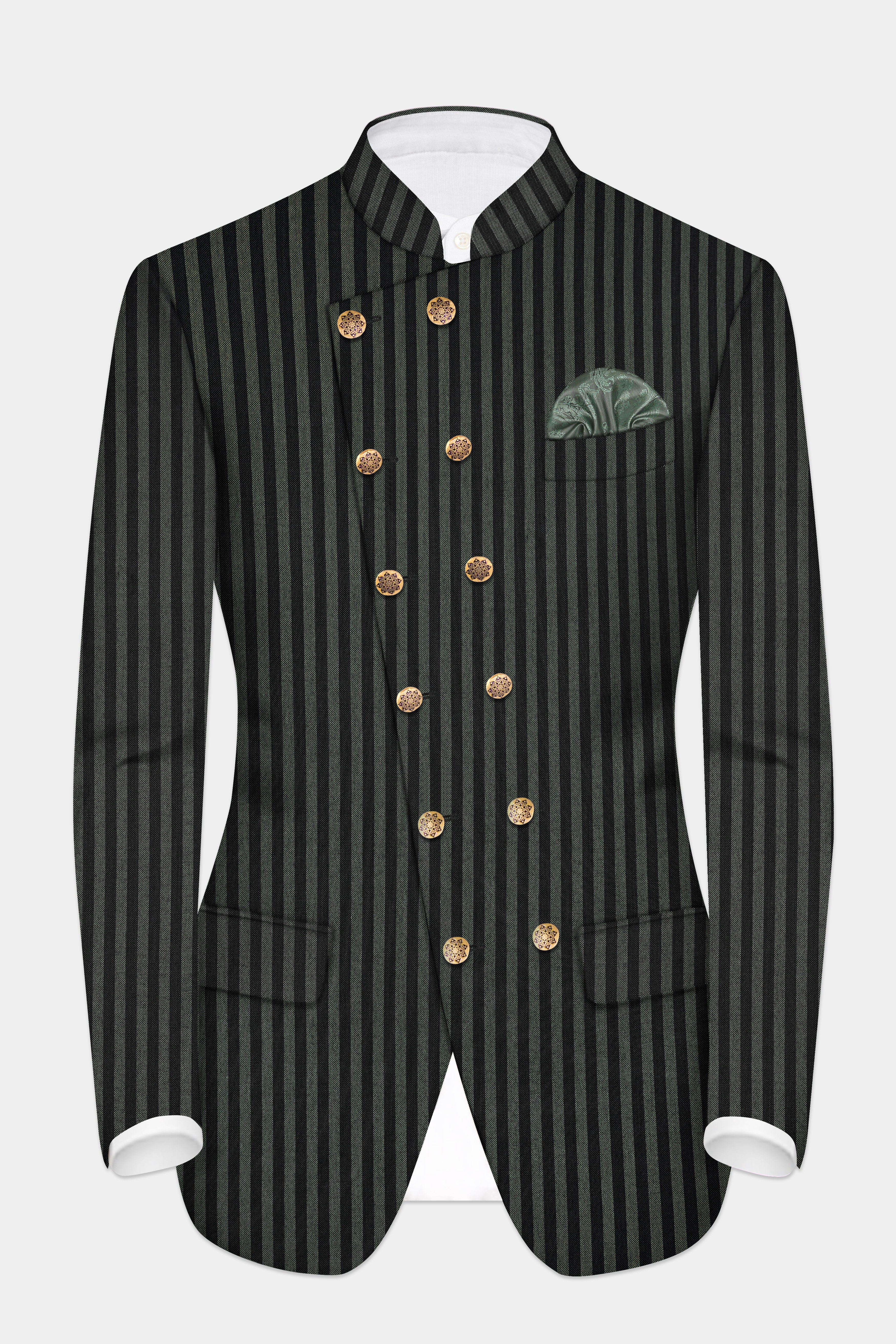 Racing Green And Jade Black Striped Wool Rich Cross Placket Bandhgala Blazer