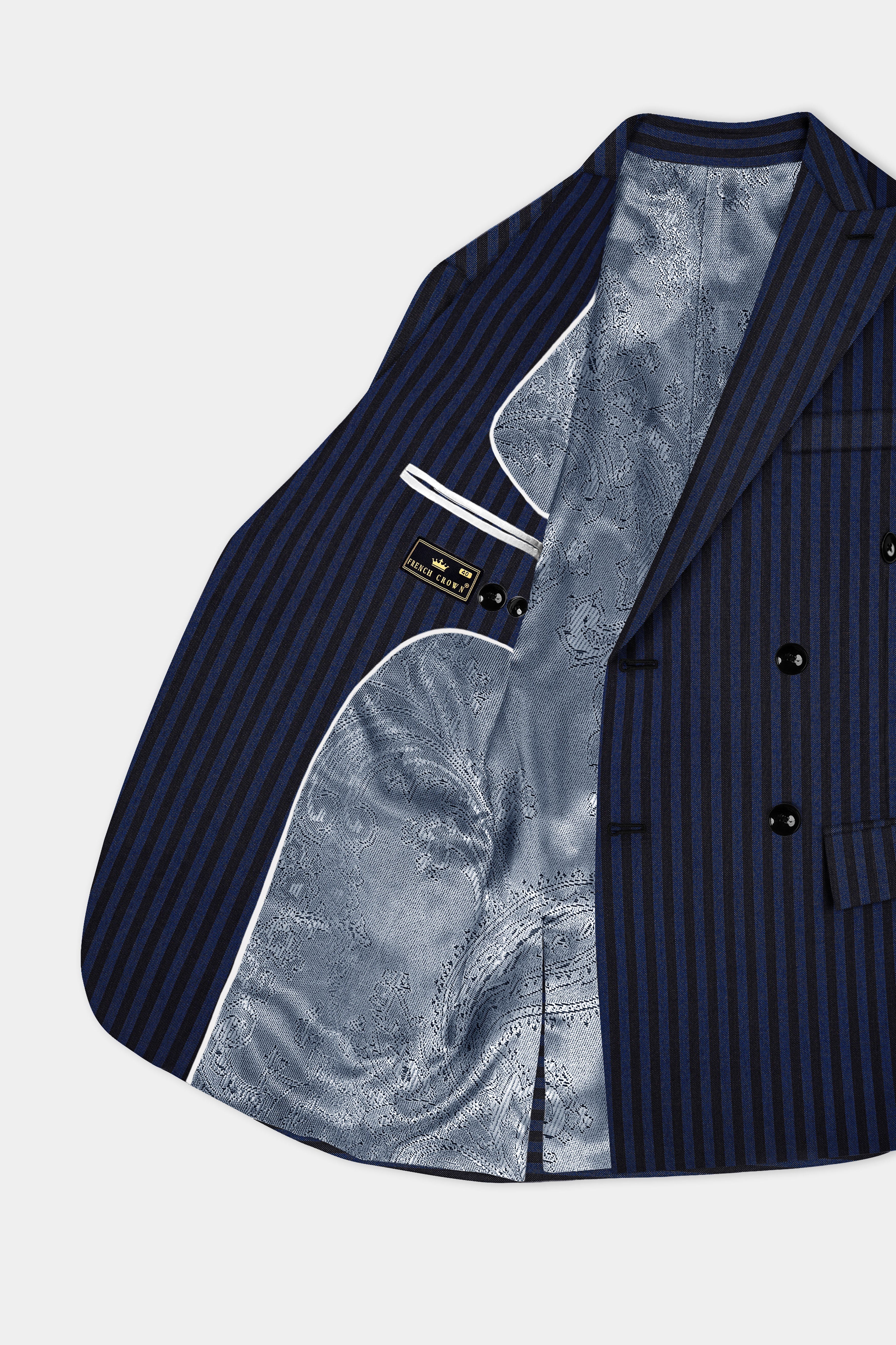 Royal Blue And Jade Black Striped Wool Rich Double Breasted Blazer