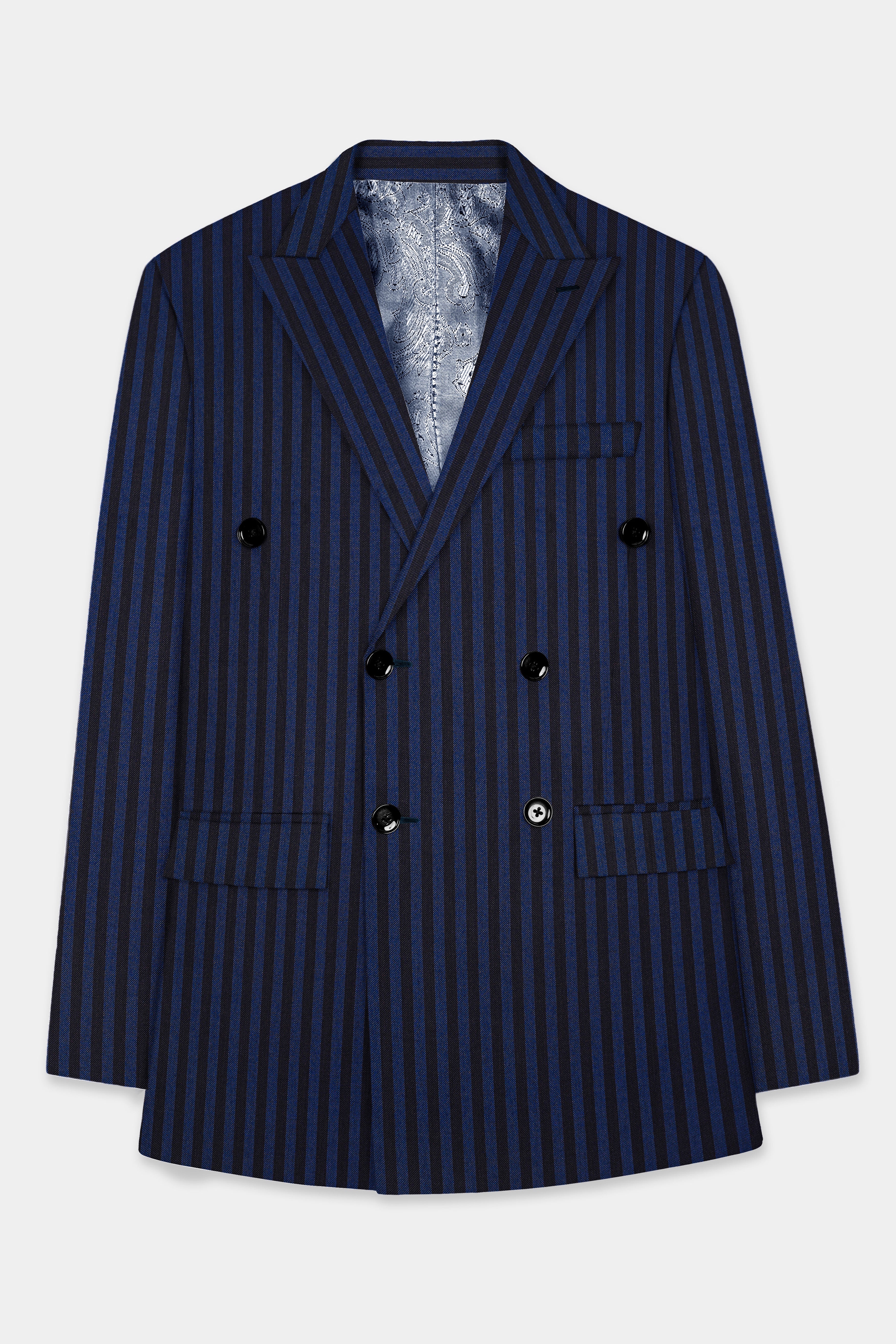 Royal Blue And Jade Black Striped Wool Rich Double Breasted Blazer