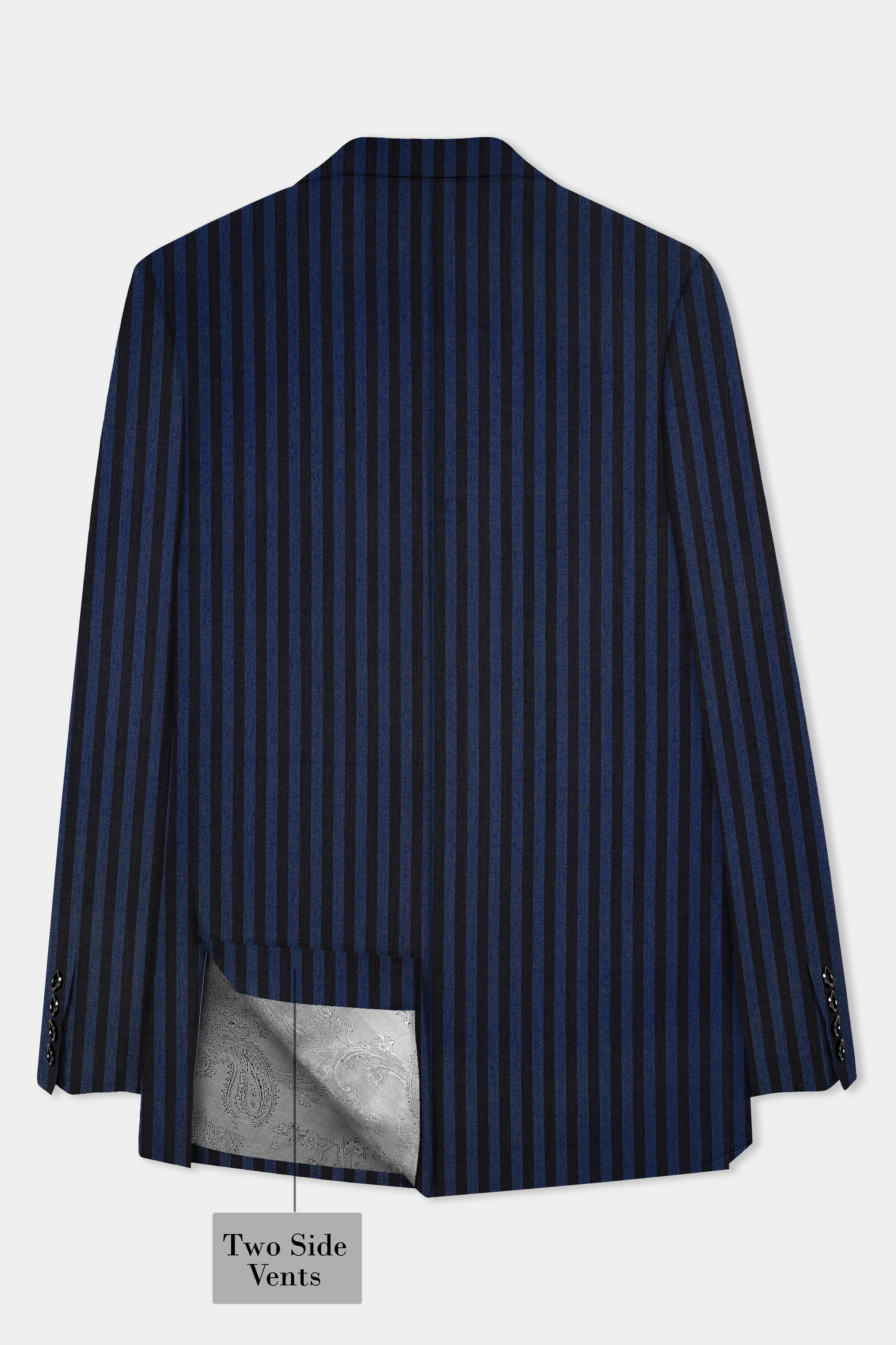 Royal Blue And Jade Black Striped Wool Rich Double Breasted Blazer