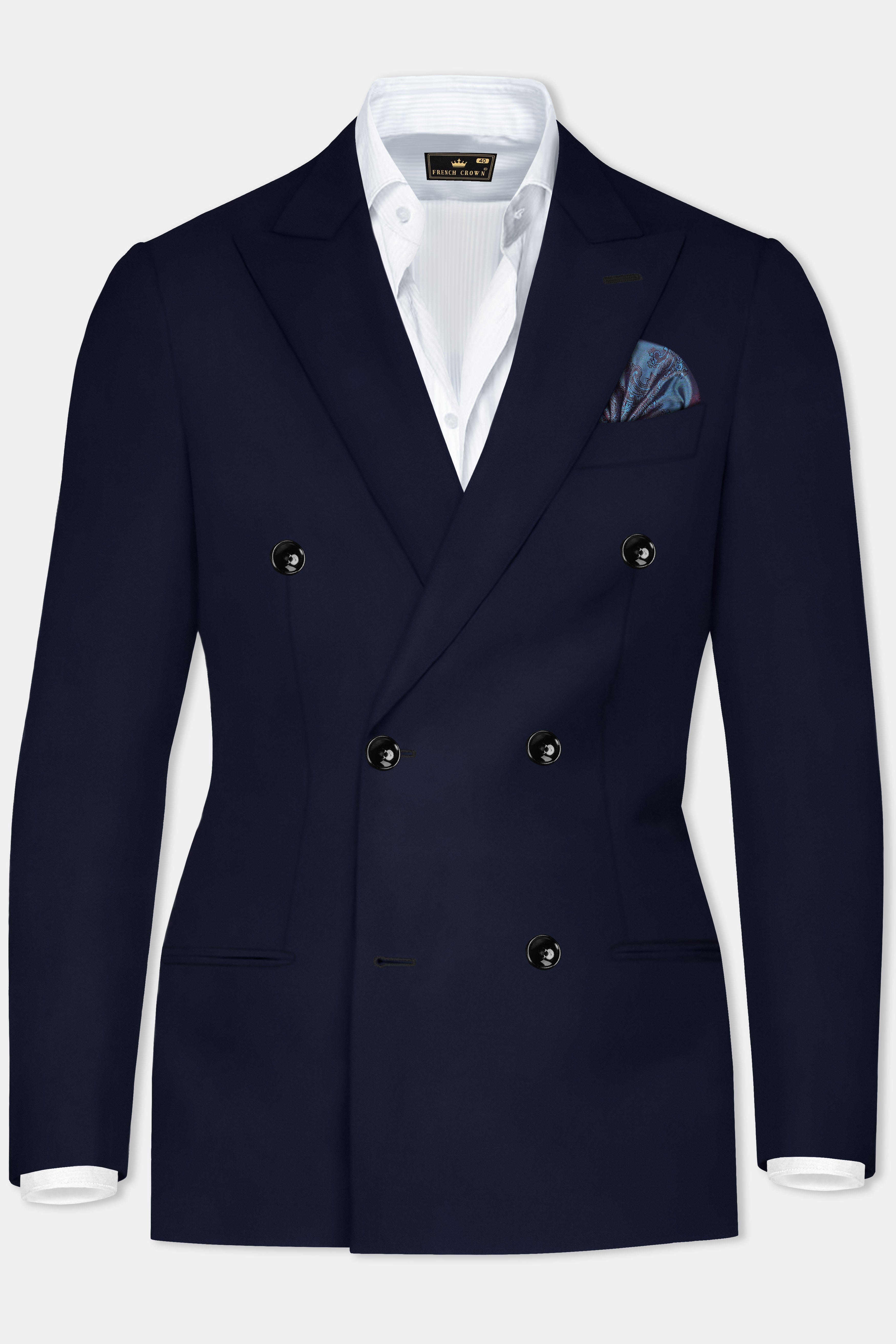 Ribbon Blue Solid Wool Rich Double Breasted Blazer