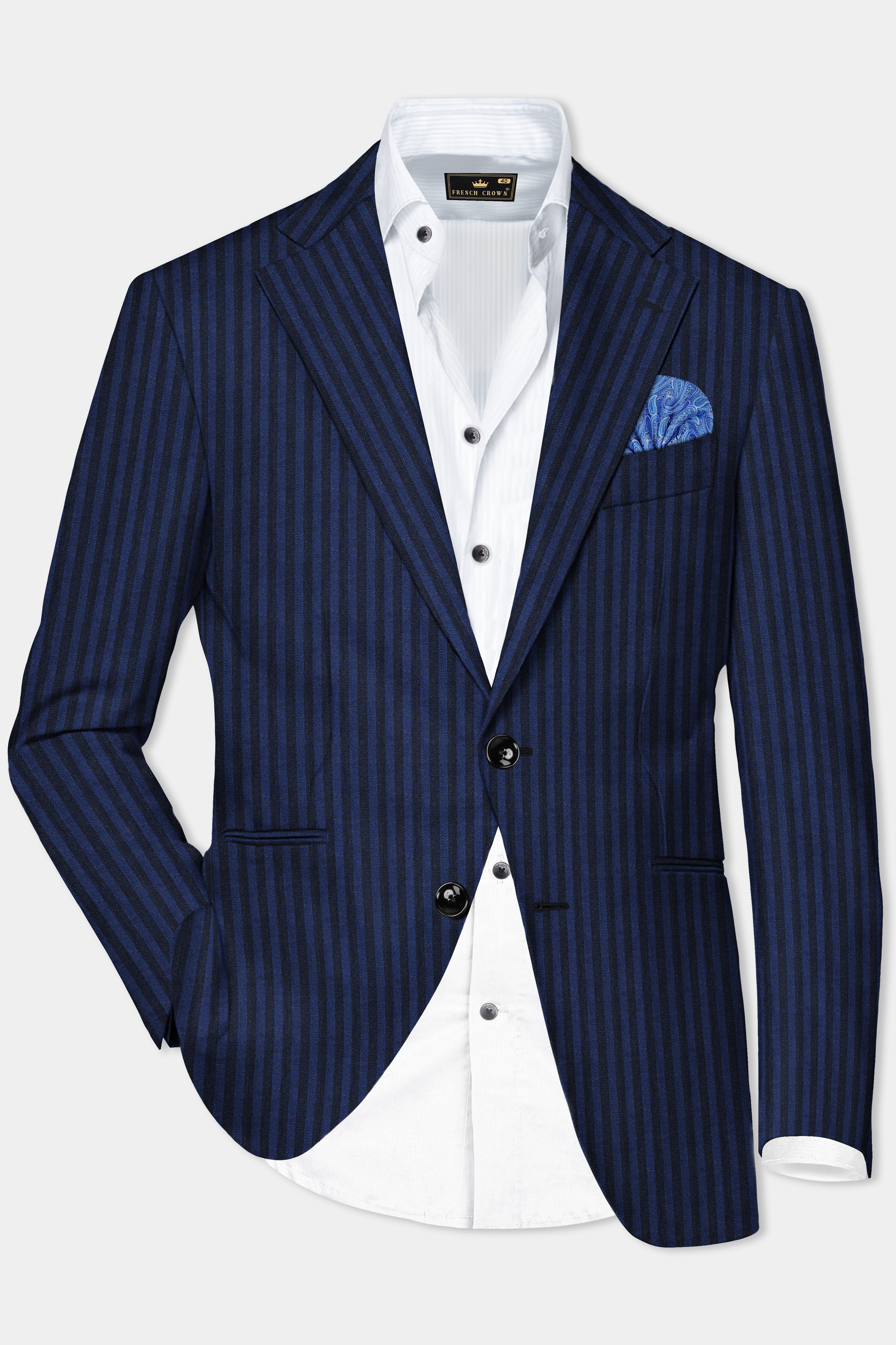 Biscay Blue And Jade Black Striped Wool Rich Single Breasted Blazer