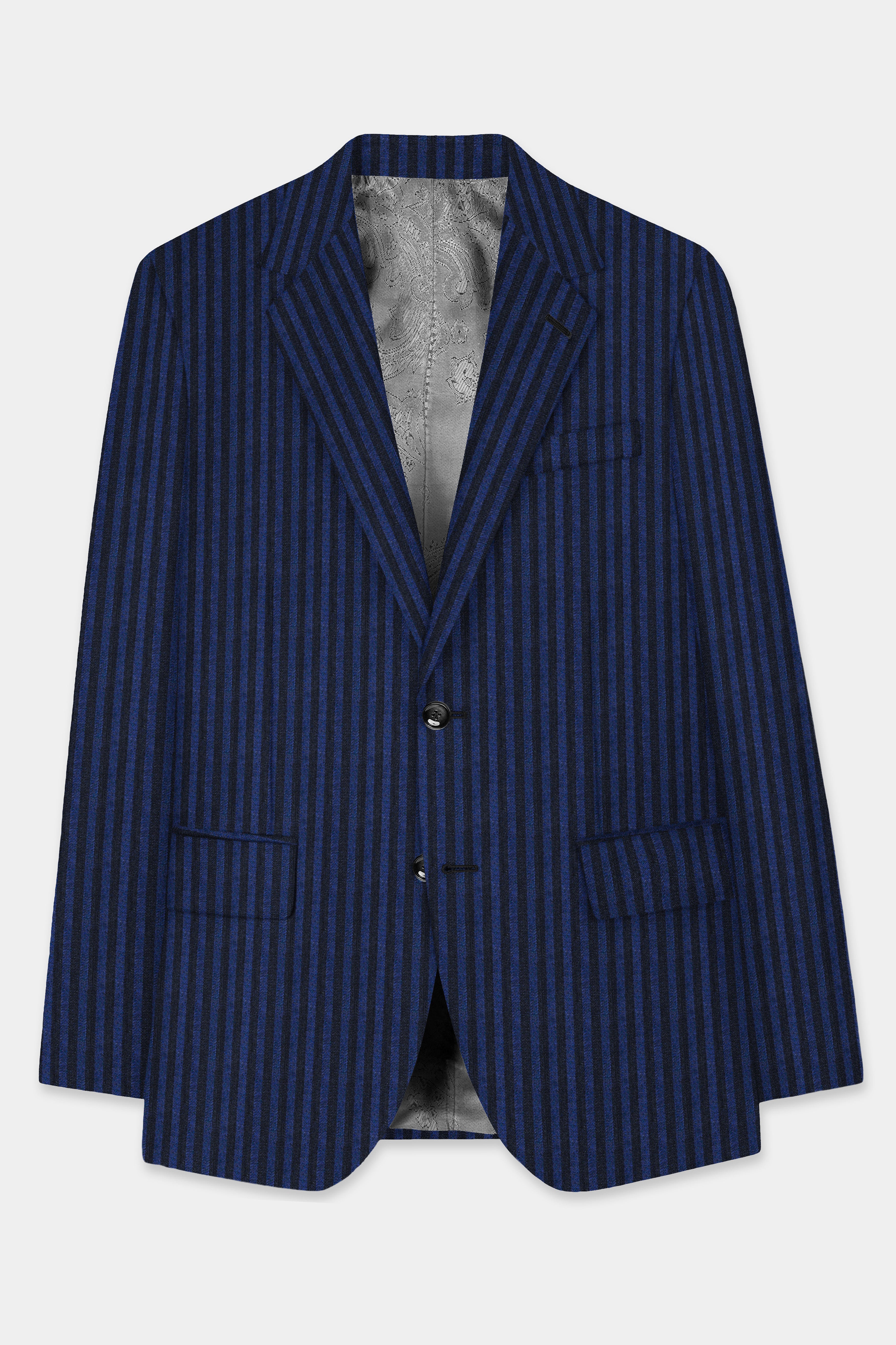 Biscay Blue And Jade Black Striped Wool Rich Single Breasted Blazer