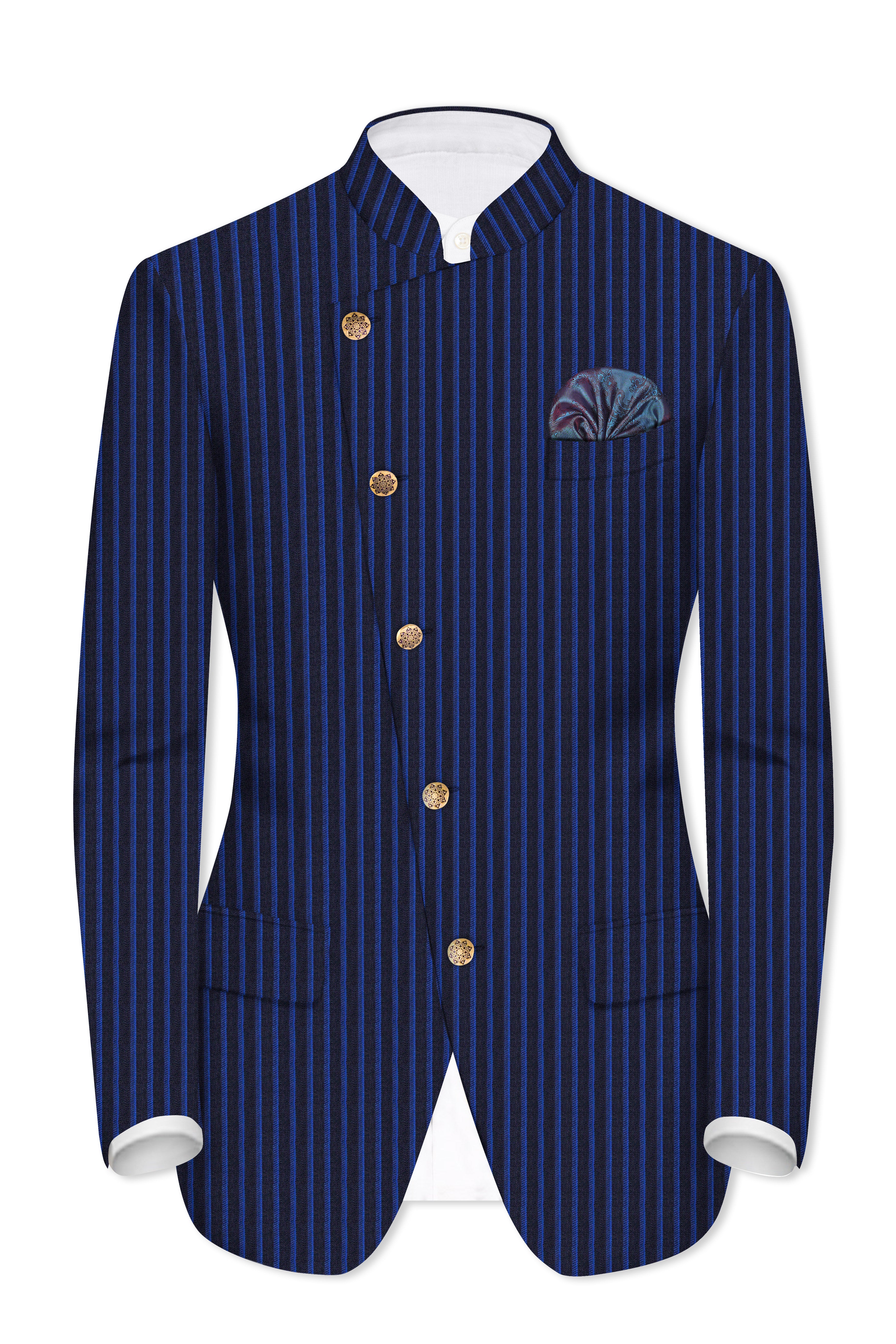 Sapphire Blue And Jade Blue Striped Wool Rich Cross Placket Bandhgala Blazer