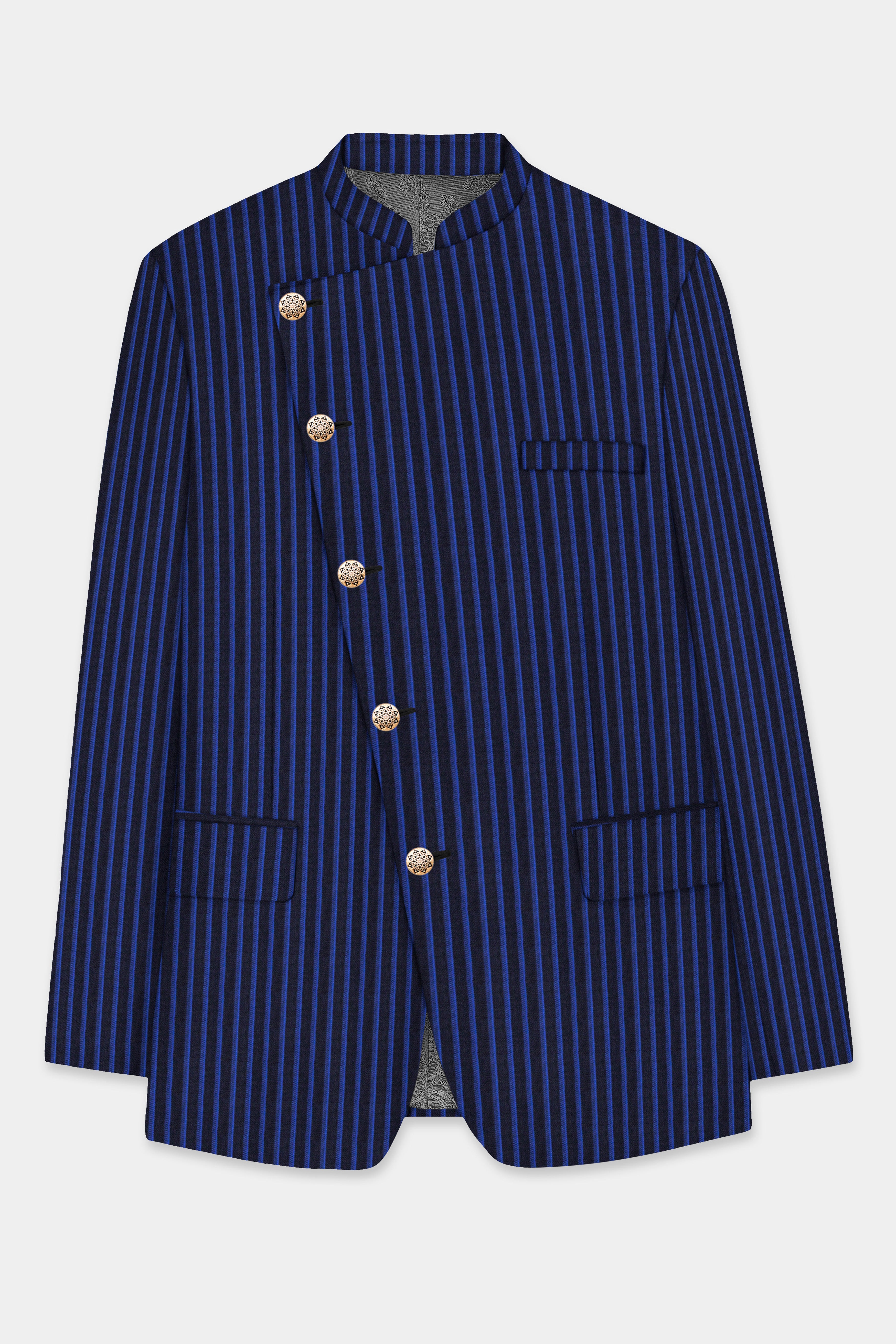 Sapphire Blue And Jade Blue Striped Wool Rich Cross Placket Bandhgala Blazer