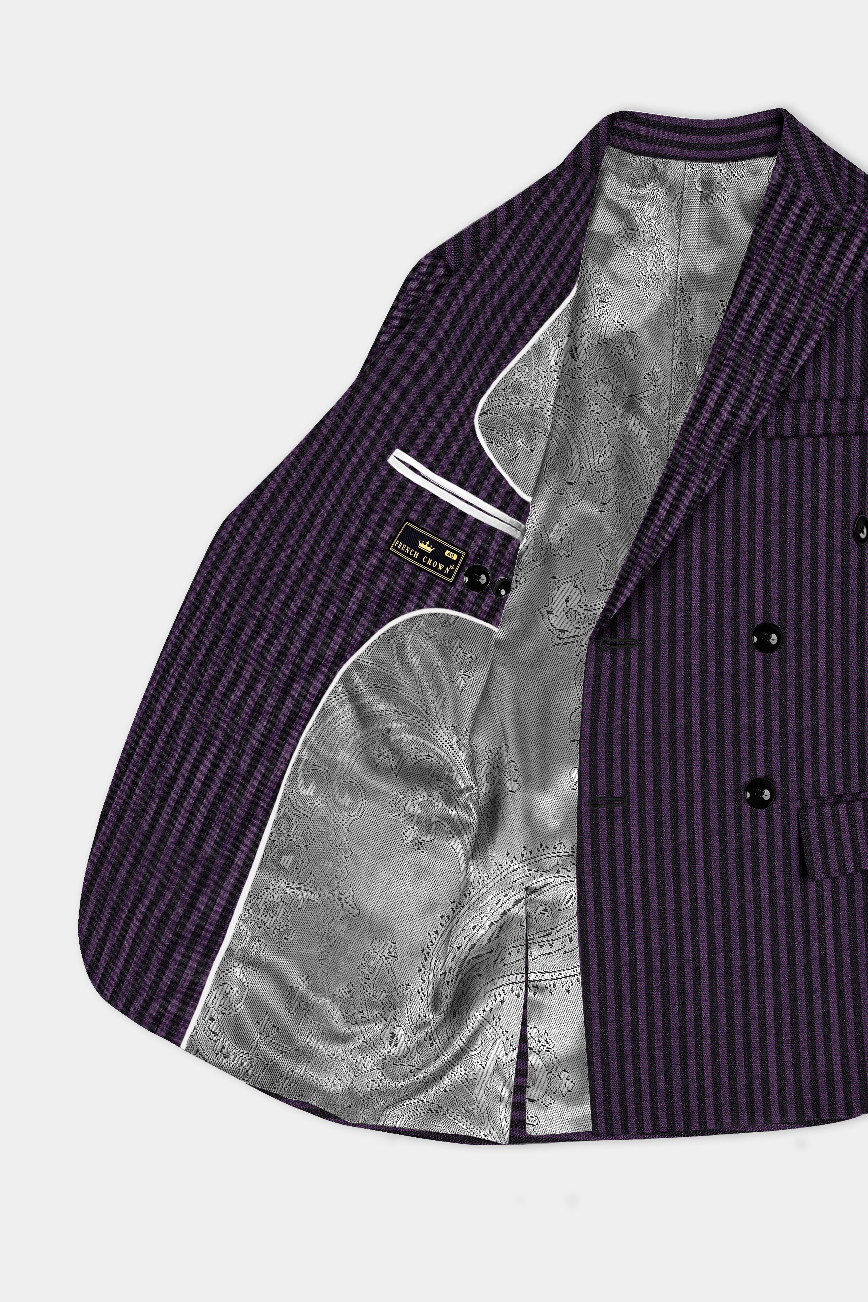 Byzantium Purple And Jade Black Striped Wool Rich Double Breasted Blazer