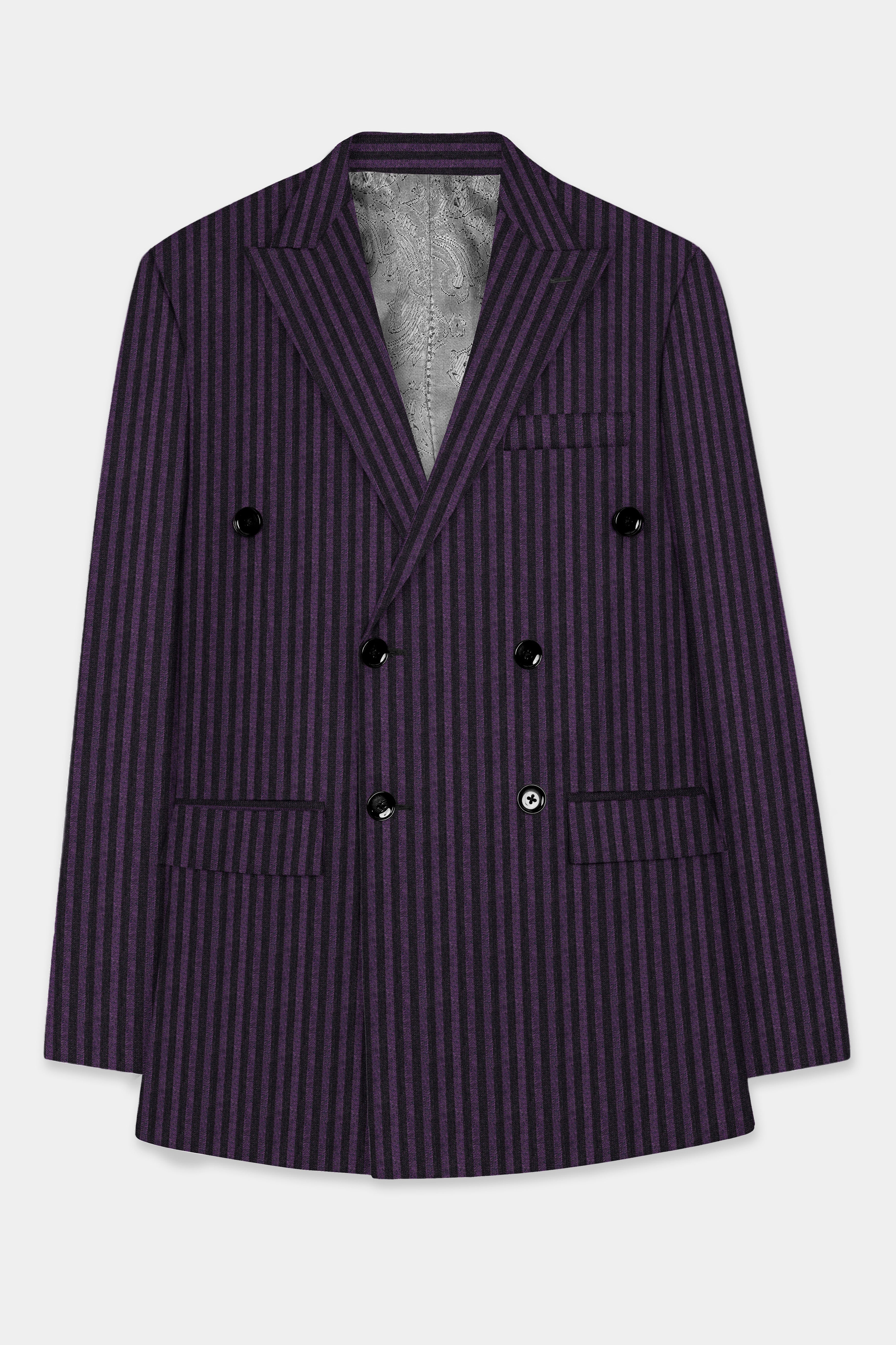 Byzantium Purple And Jade Black Striped Wool Rich Double Breasted Blazer