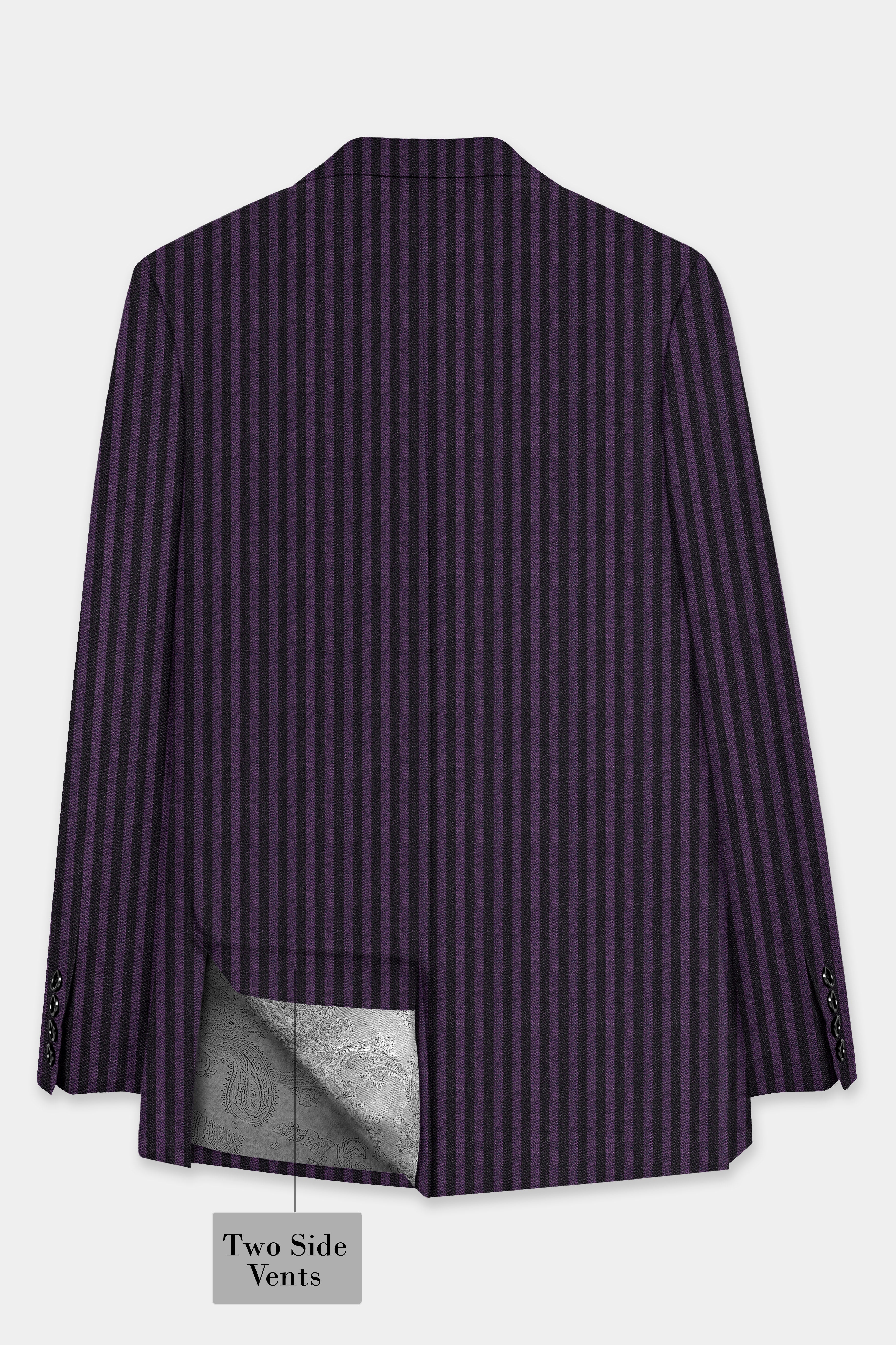 Byzantium Purple And Jade Black Striped Wool Rich Double Breasted Blazer