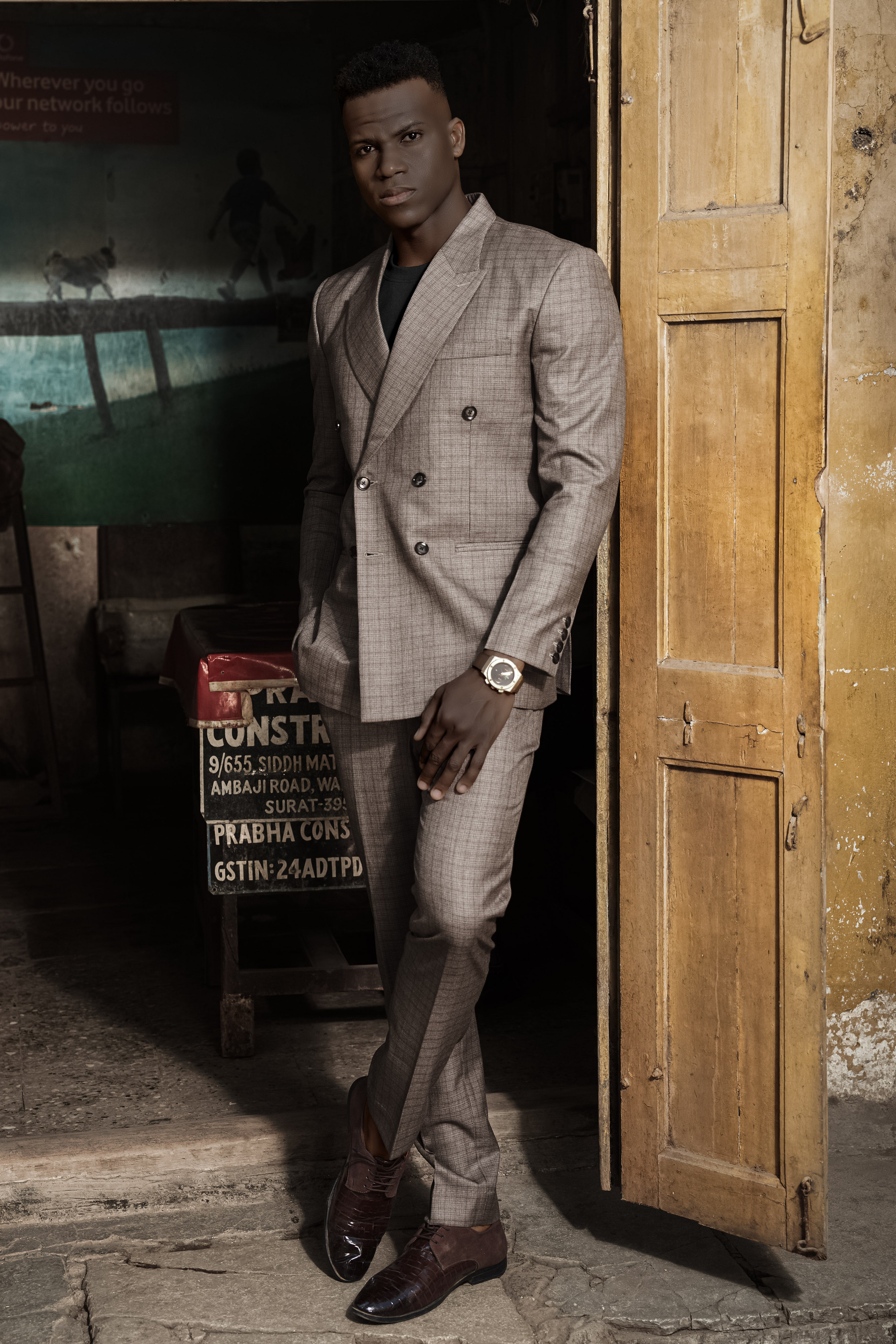 Flint Brown Plaid Premium Wool Blend Double Breasted Blazer For