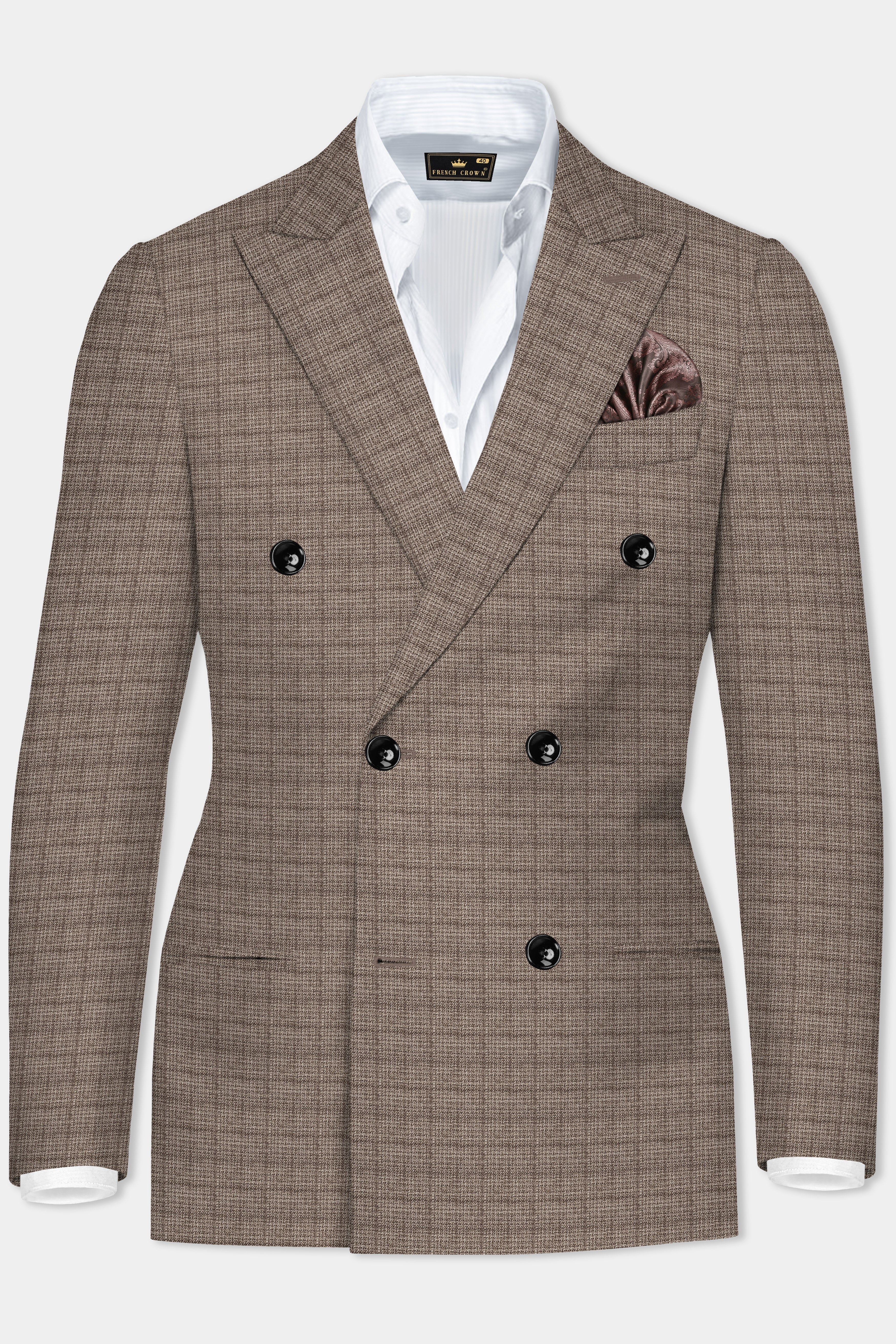 Flint Brown Plaid Wool Rich Double Breasted Blazer