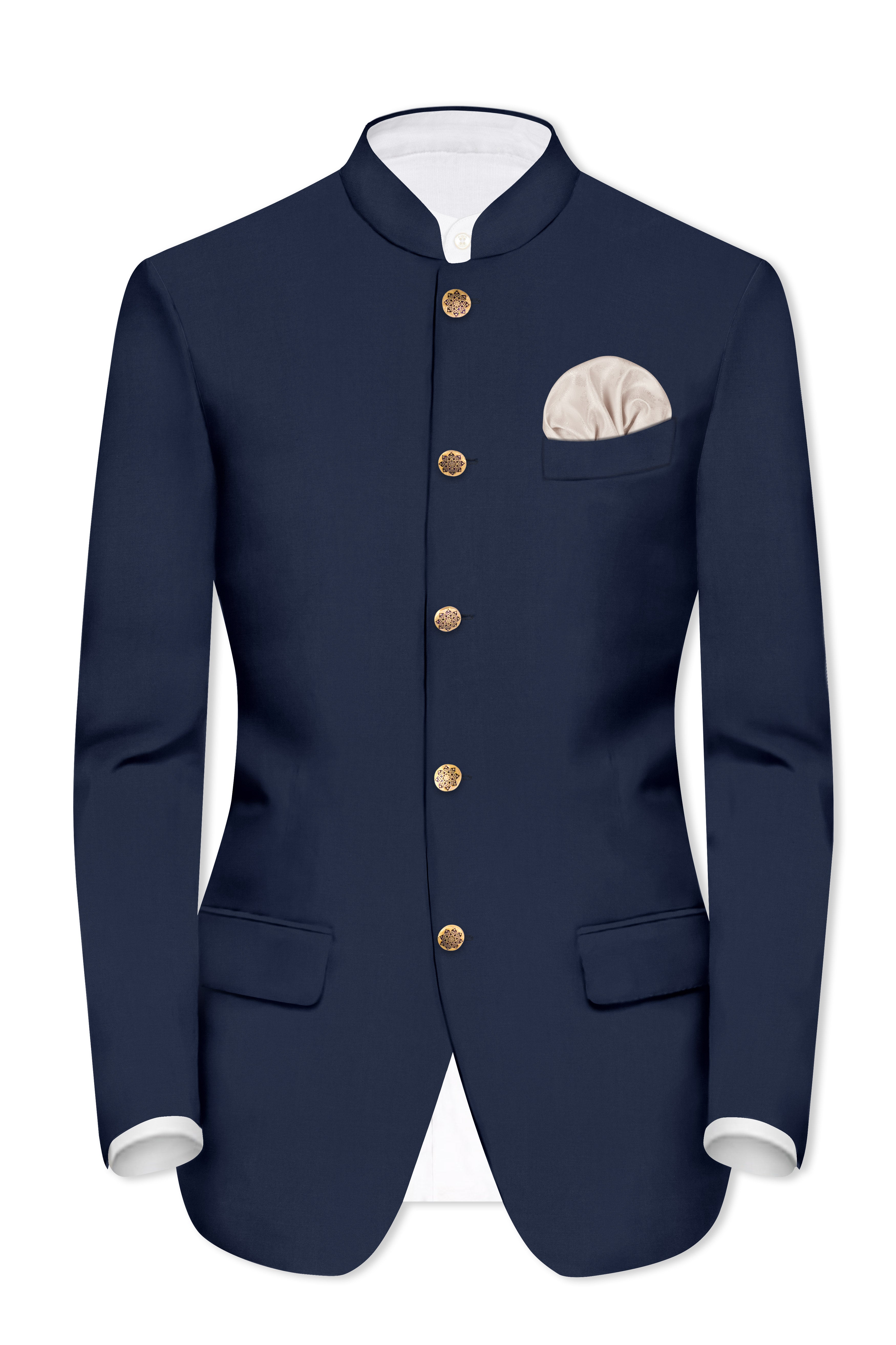 Vulcan Blue Solid Wool Rich Bandhgala Blazer