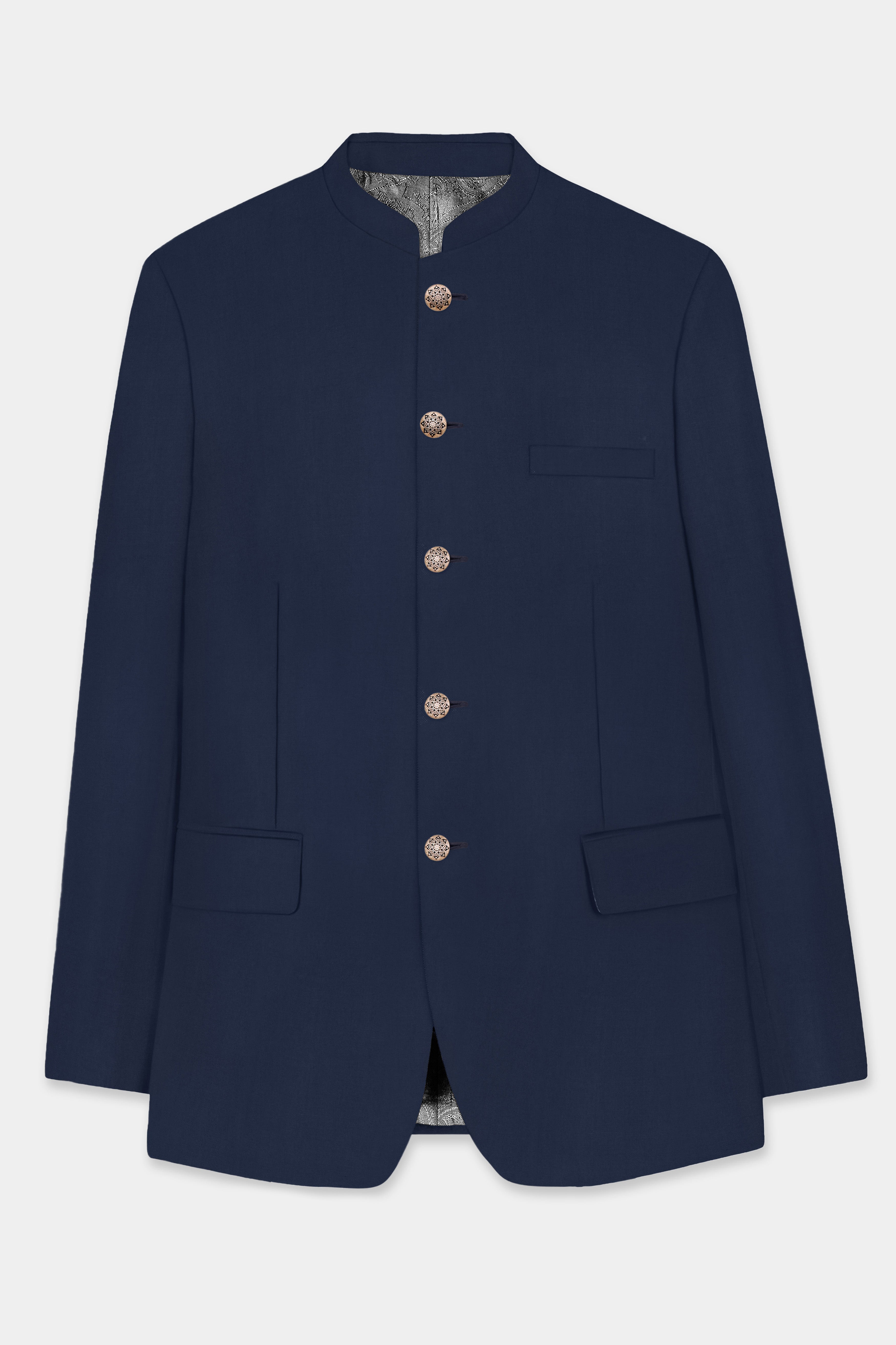 Vulcan Blue Solid Wool Rich Bandhgala Blazer