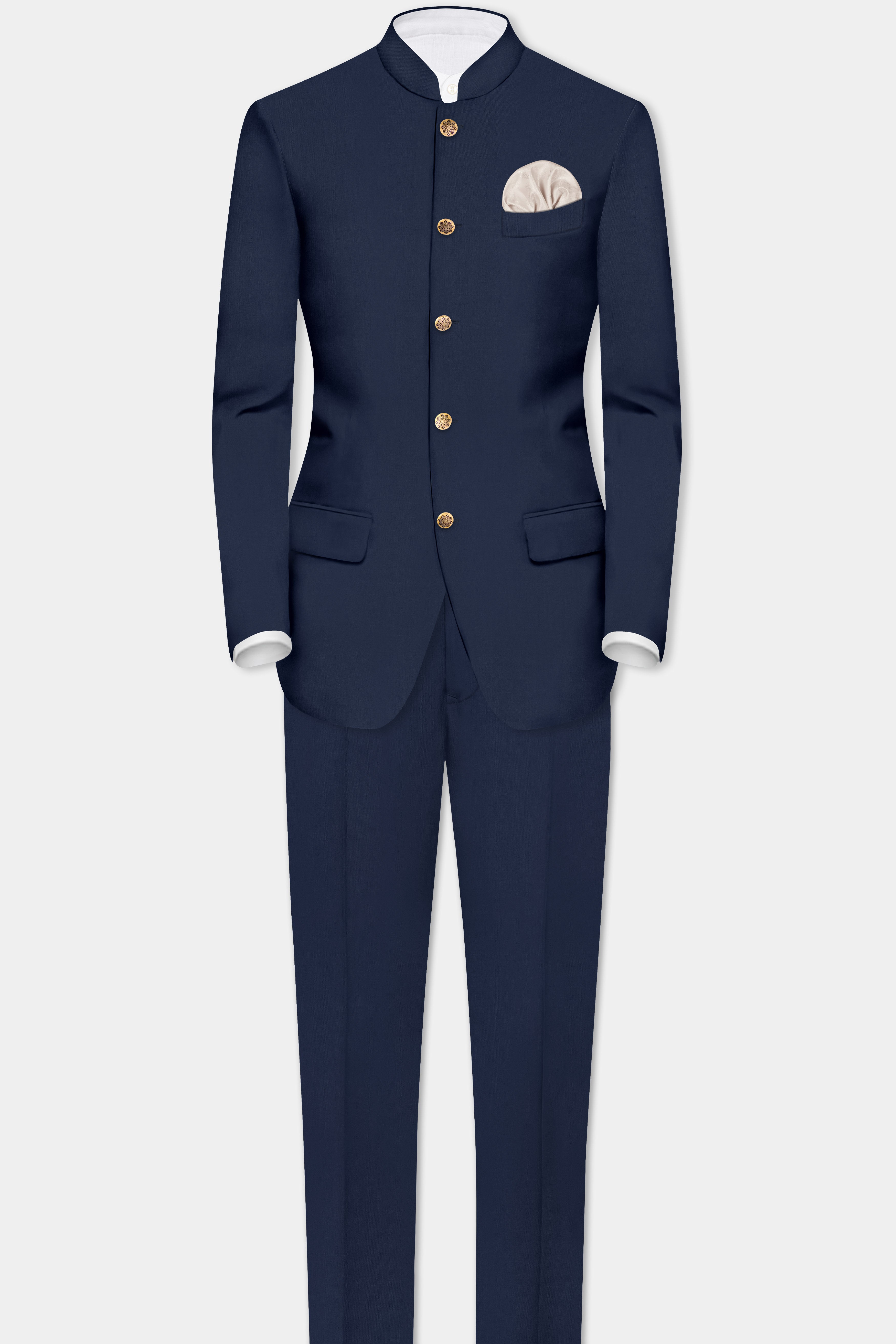 Vulcan Blue Solid Wool Rich Bandhgala Blazer