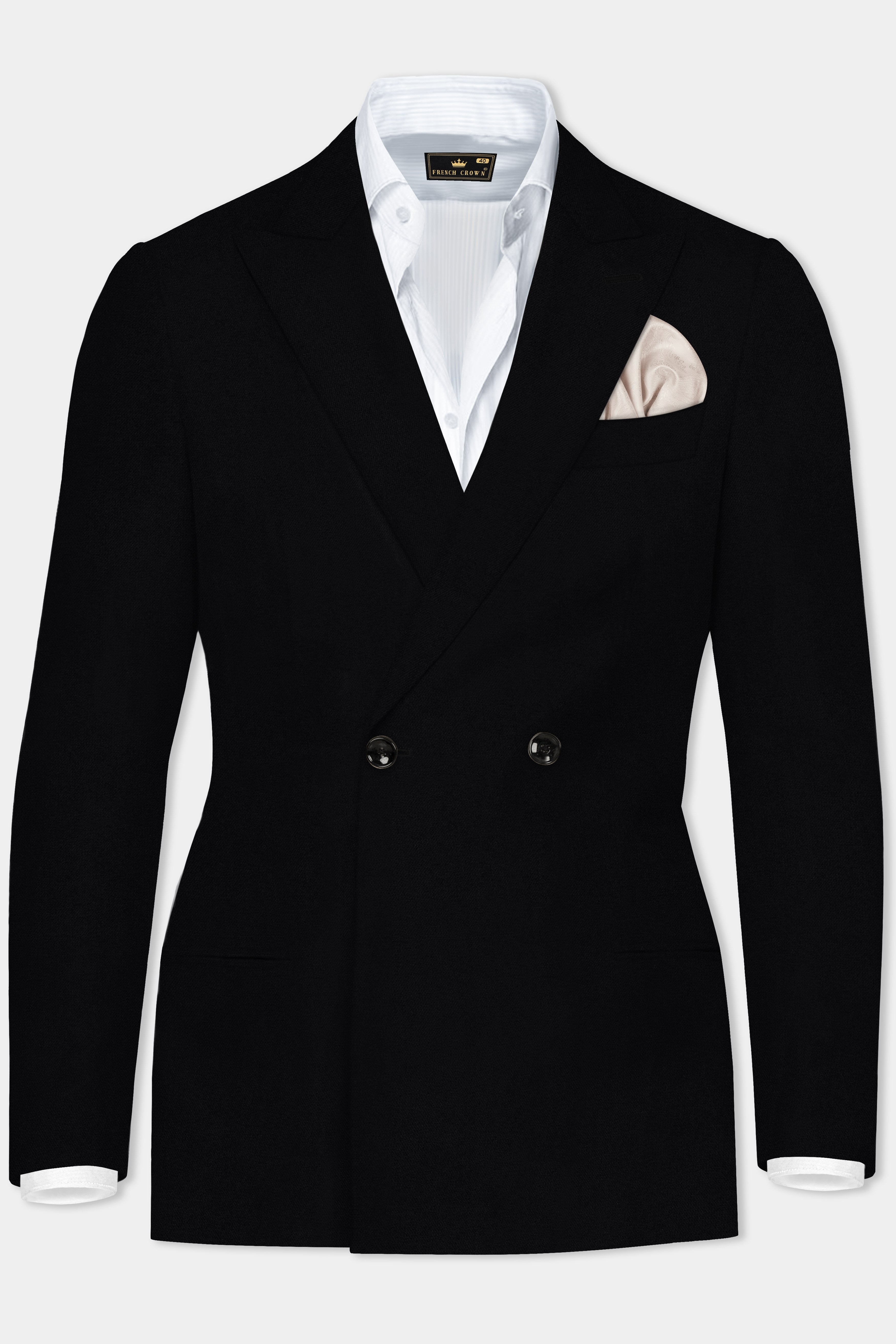 Jade Black Solid Wool Rich Double Breasted Blazer