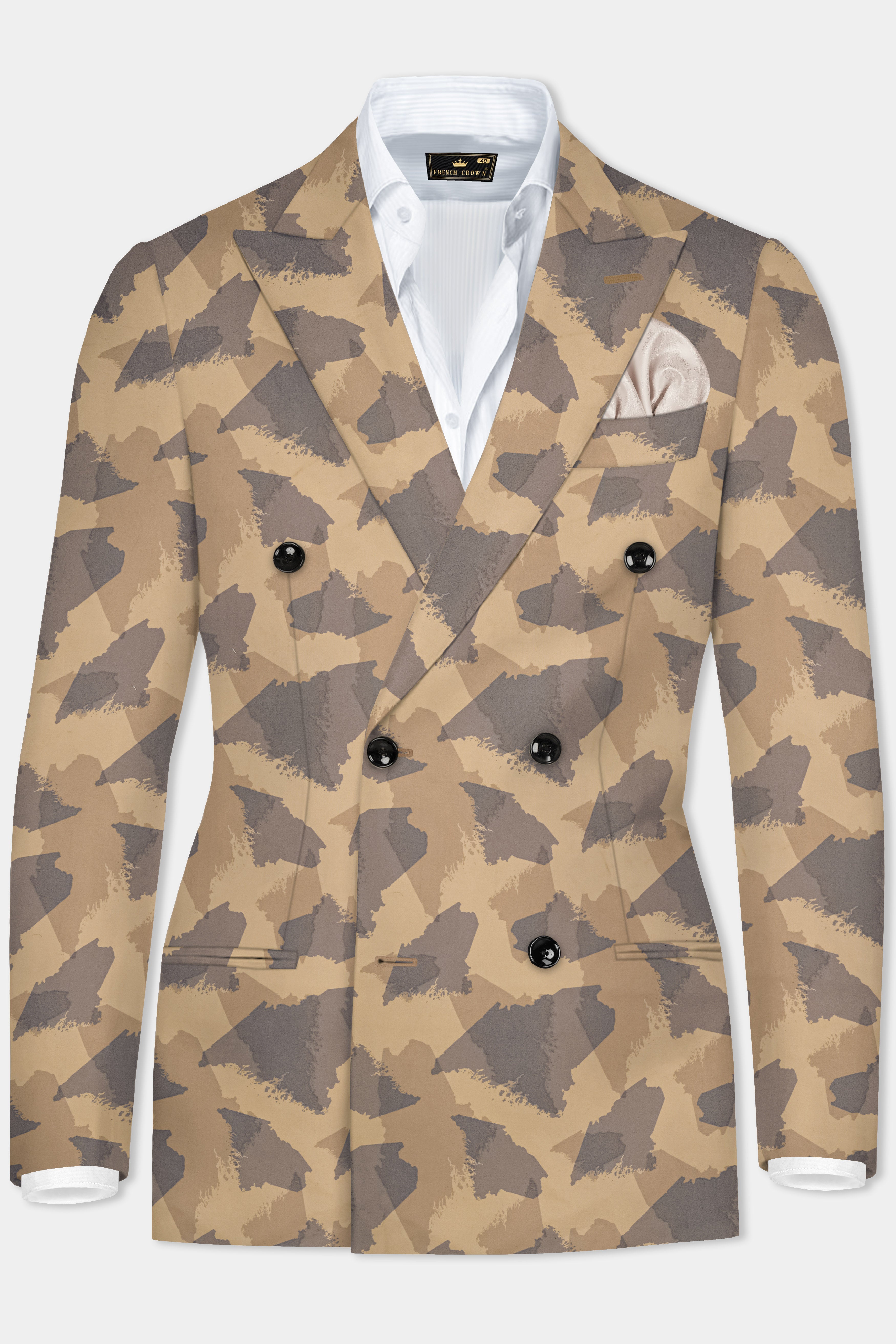 Mongoose Cream And Scorpion Brown Camouflage Printed Cotton Double Breasted Slim Lapel Blazer