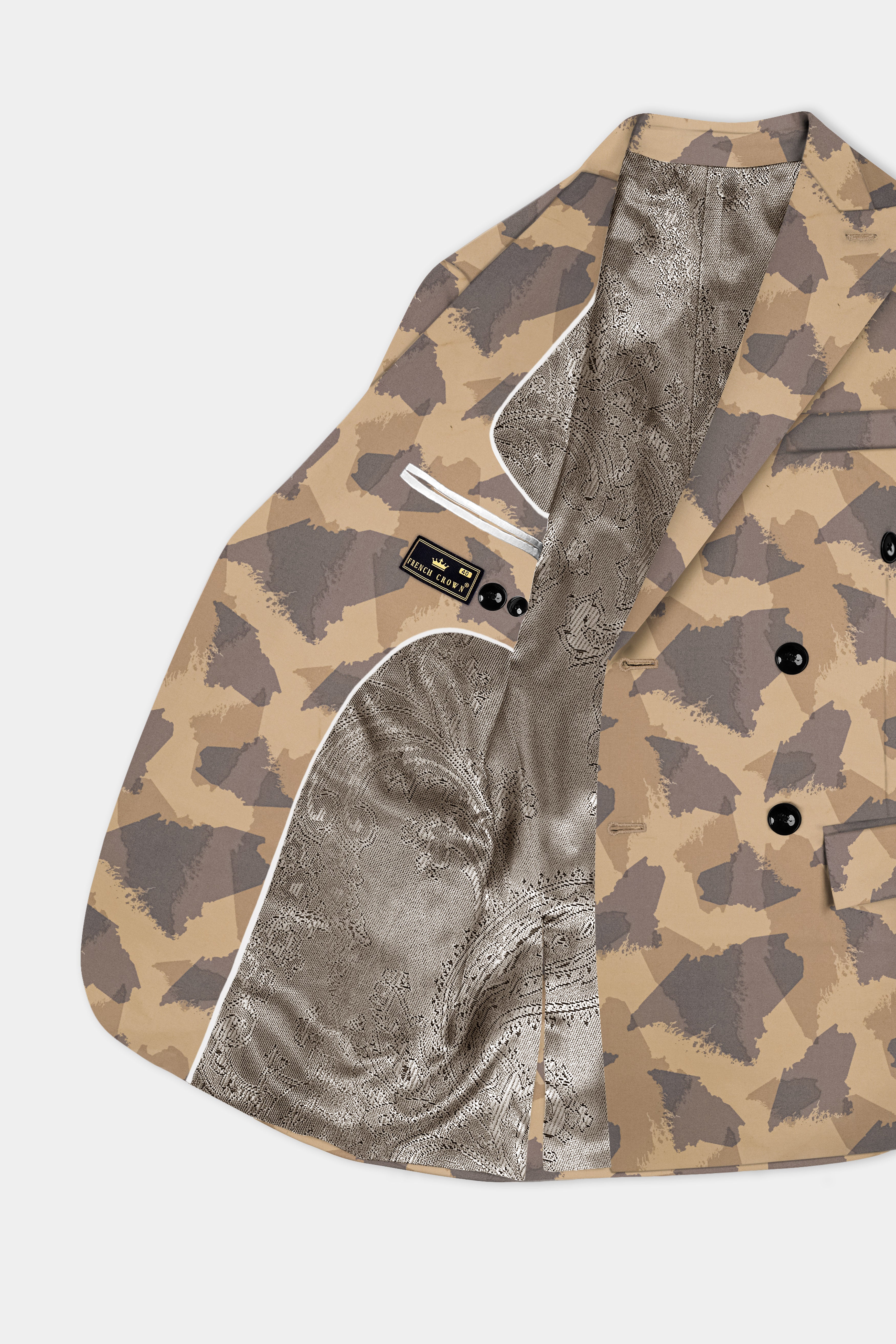 Mongoose Cream And Scorpion Brown Camouflage Printed Cotton Double Breasted Slim Lapel Blazer