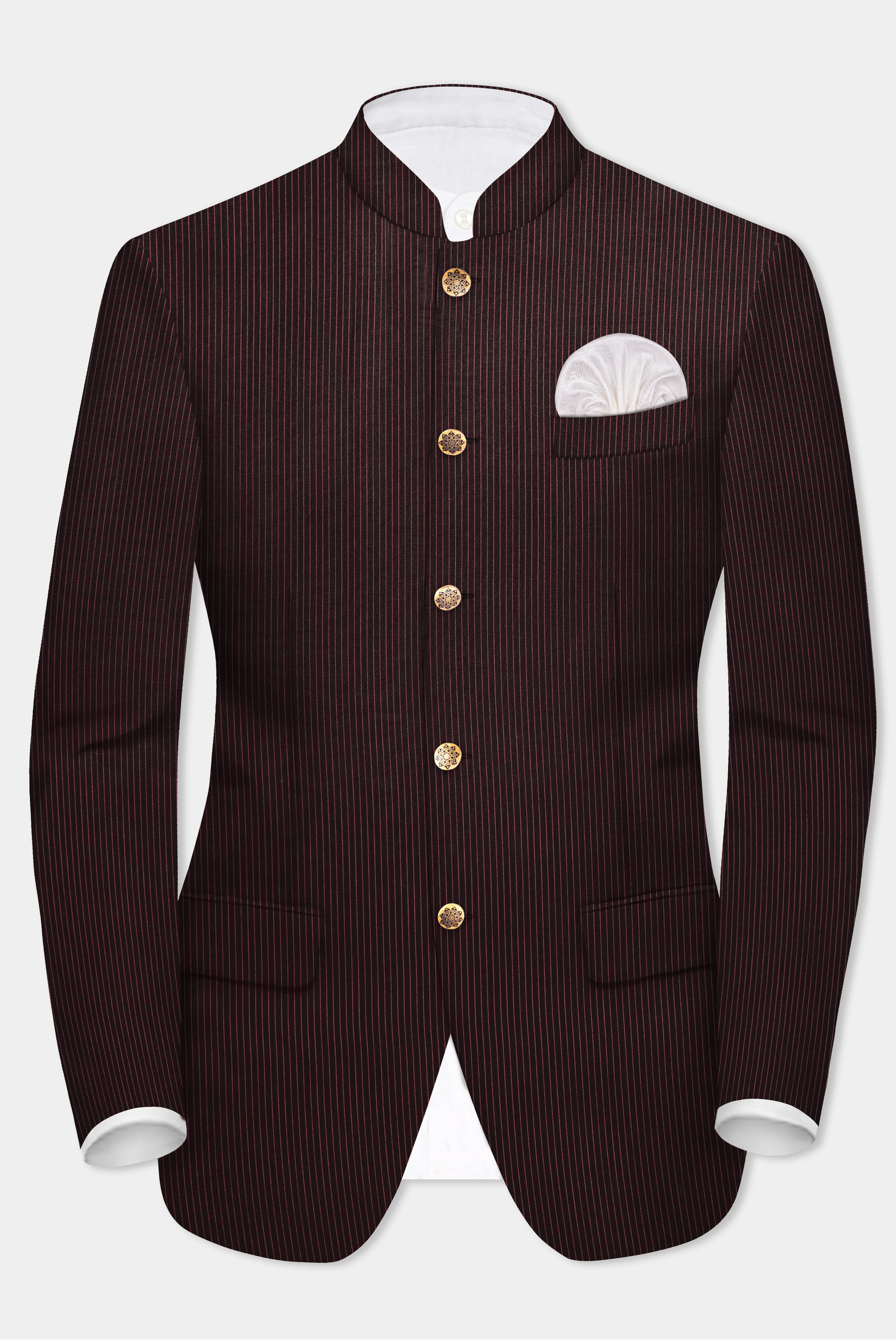 English Walnut Red Striped Wool Rich Bandhgala Blazer