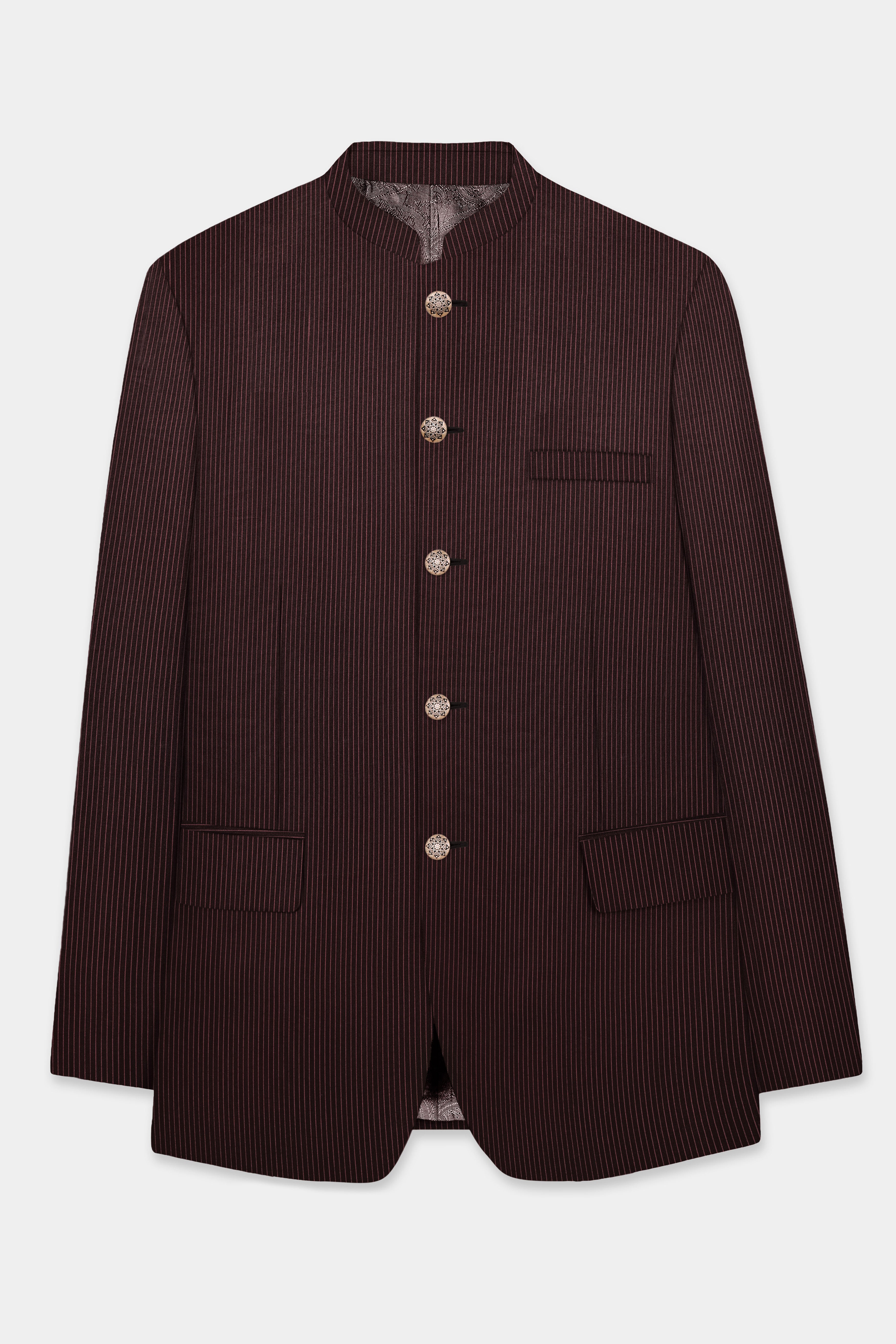 English Walnut Red Striped Wool Rich Bandhgala Blazer