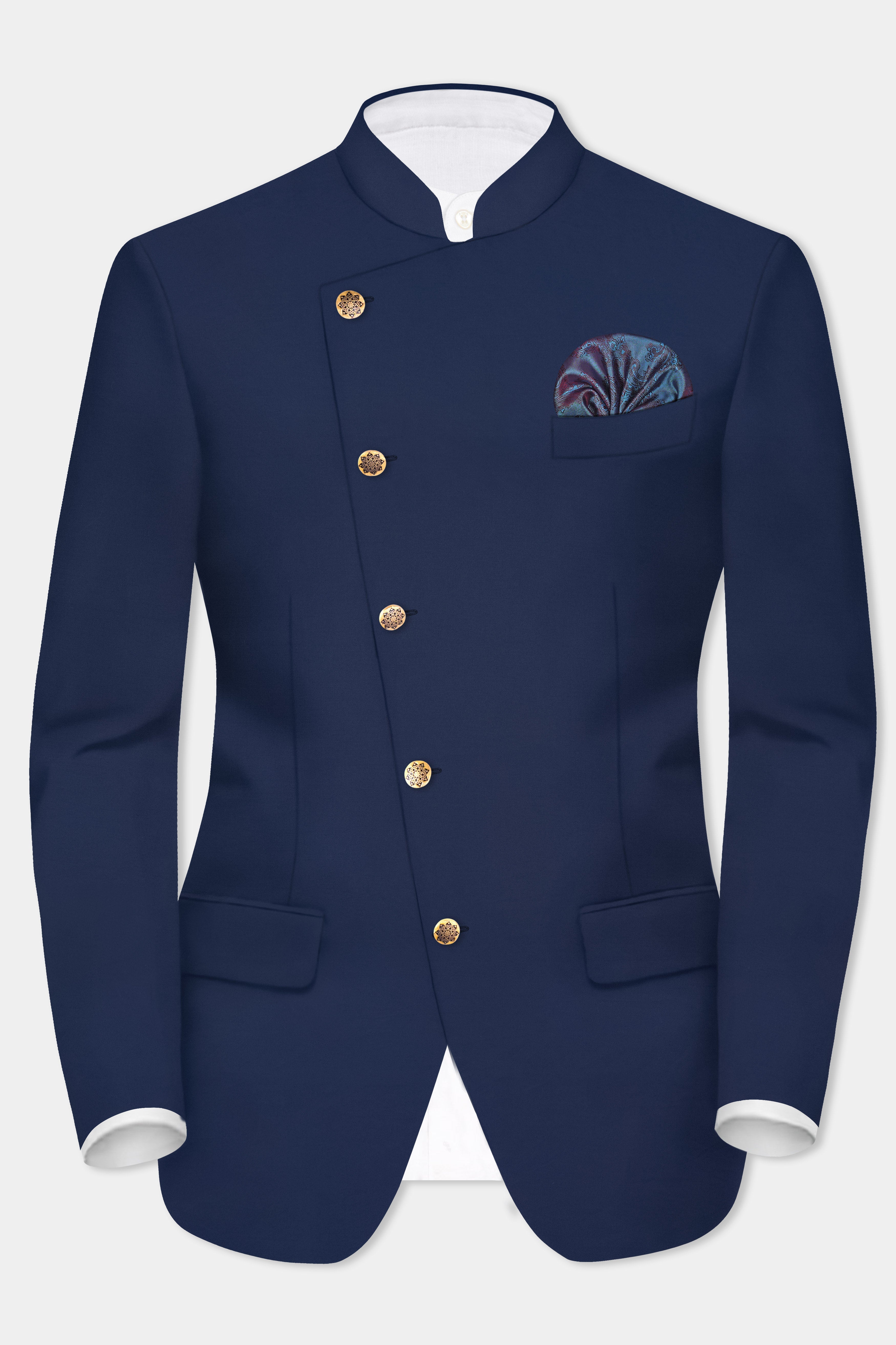 Comet Blue Solid Wool Rich Cross Placket Bandhgala Blazer