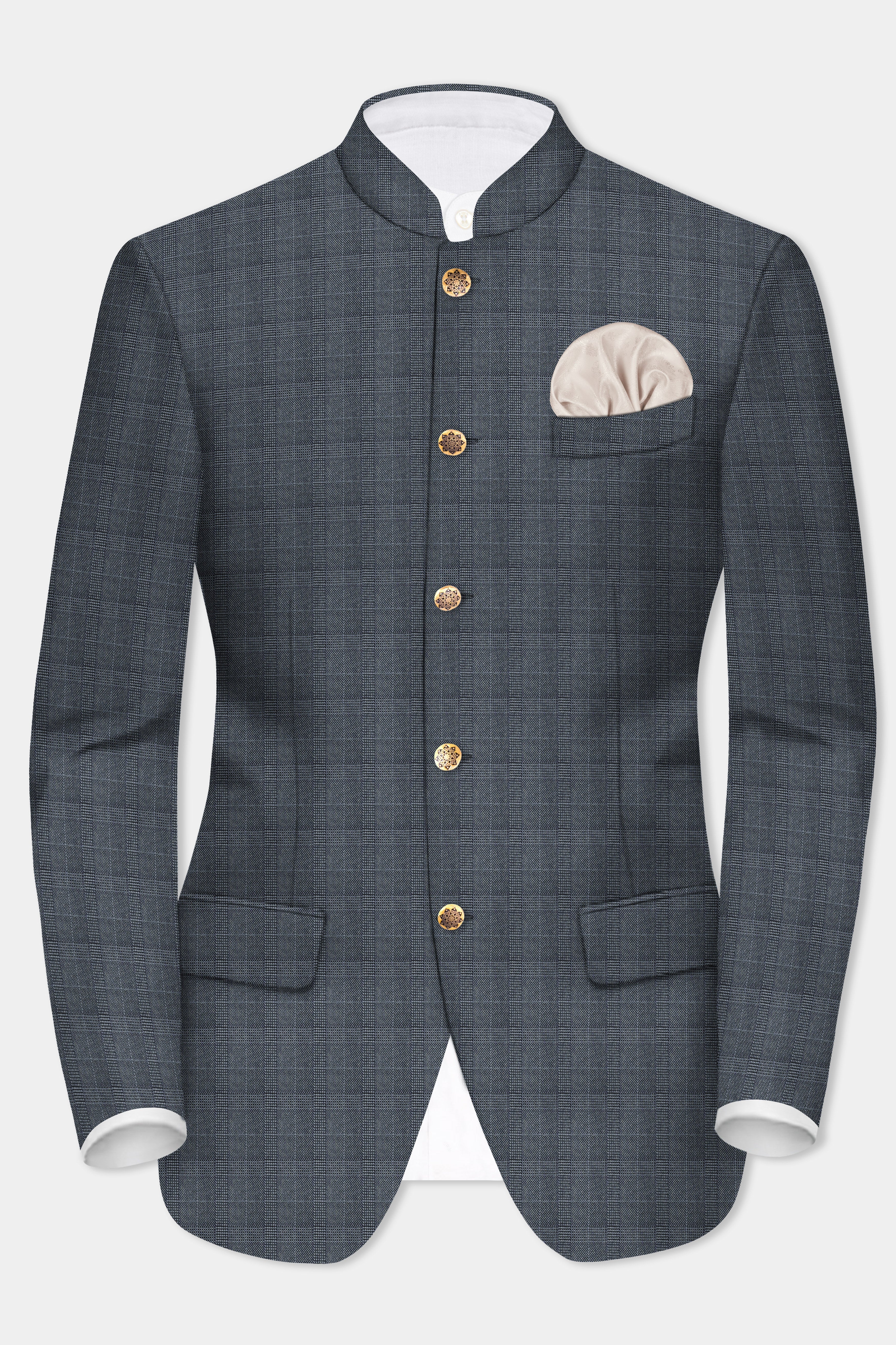 Trout Gray Windowpane Wool Rich Bandhgala Blazer