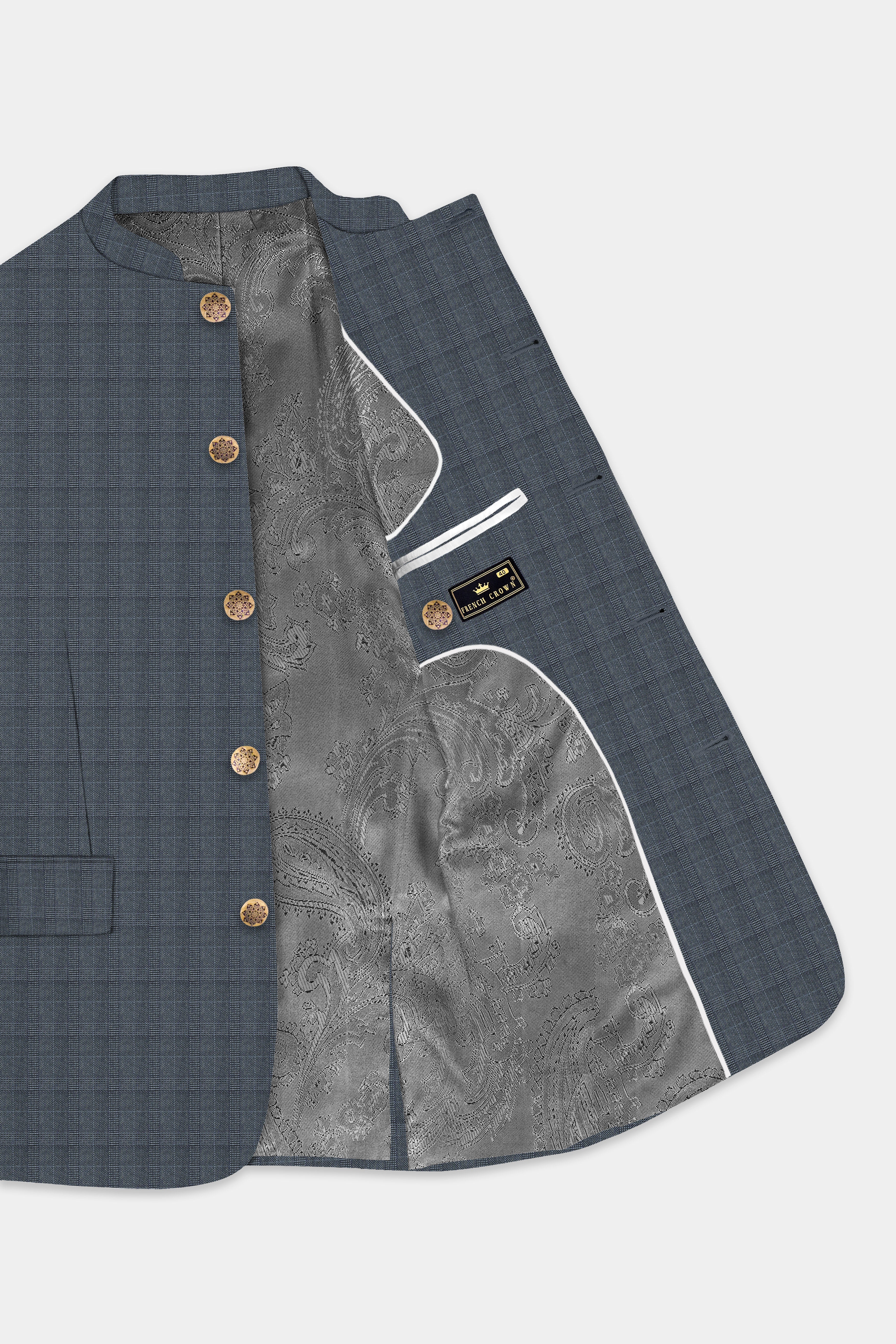 Trout Gray Windowpane Wool Rich Bandhgala Blazer