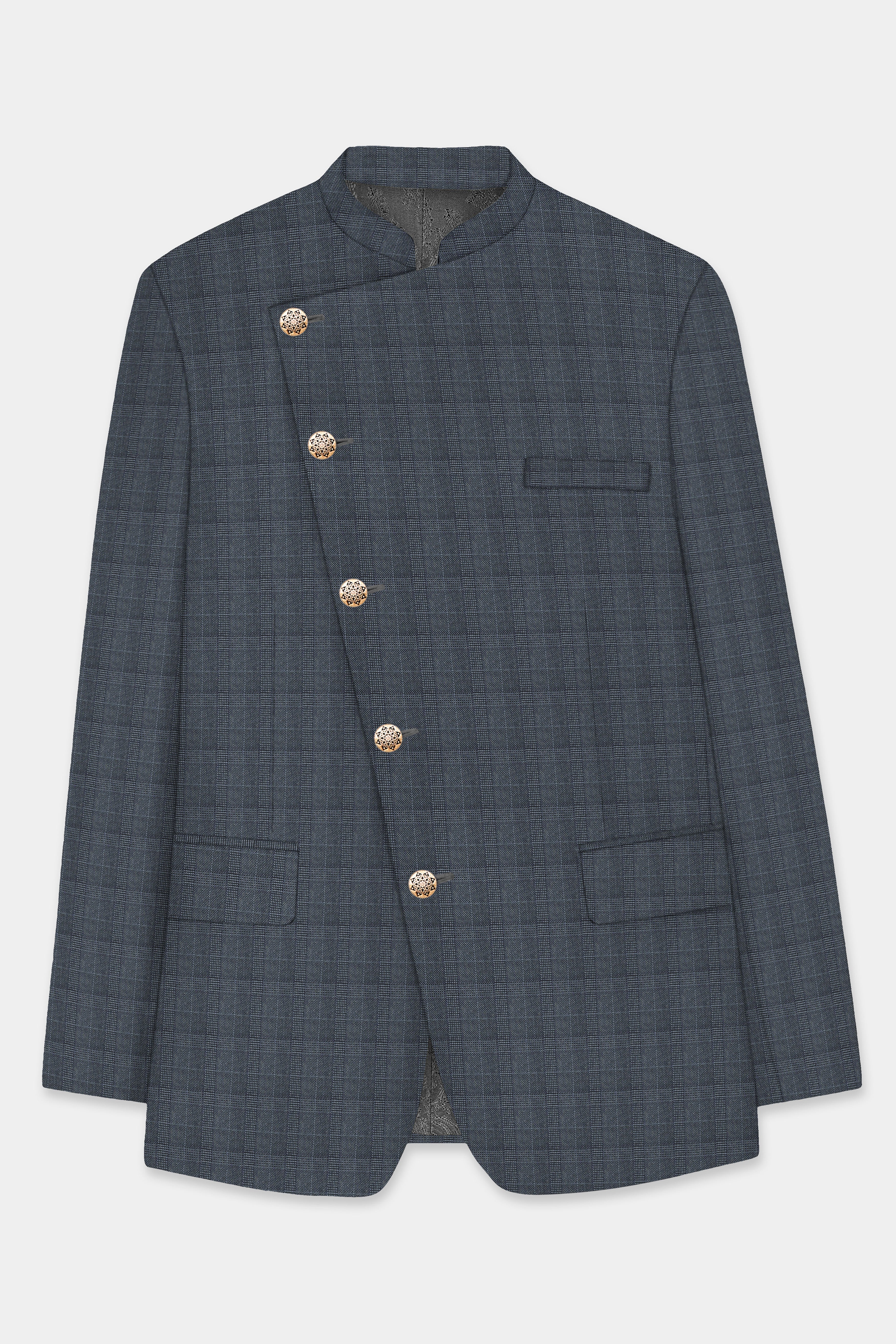 Trout Gray Windowpane Wool Rich Cross Placket Bandhgala Blazer