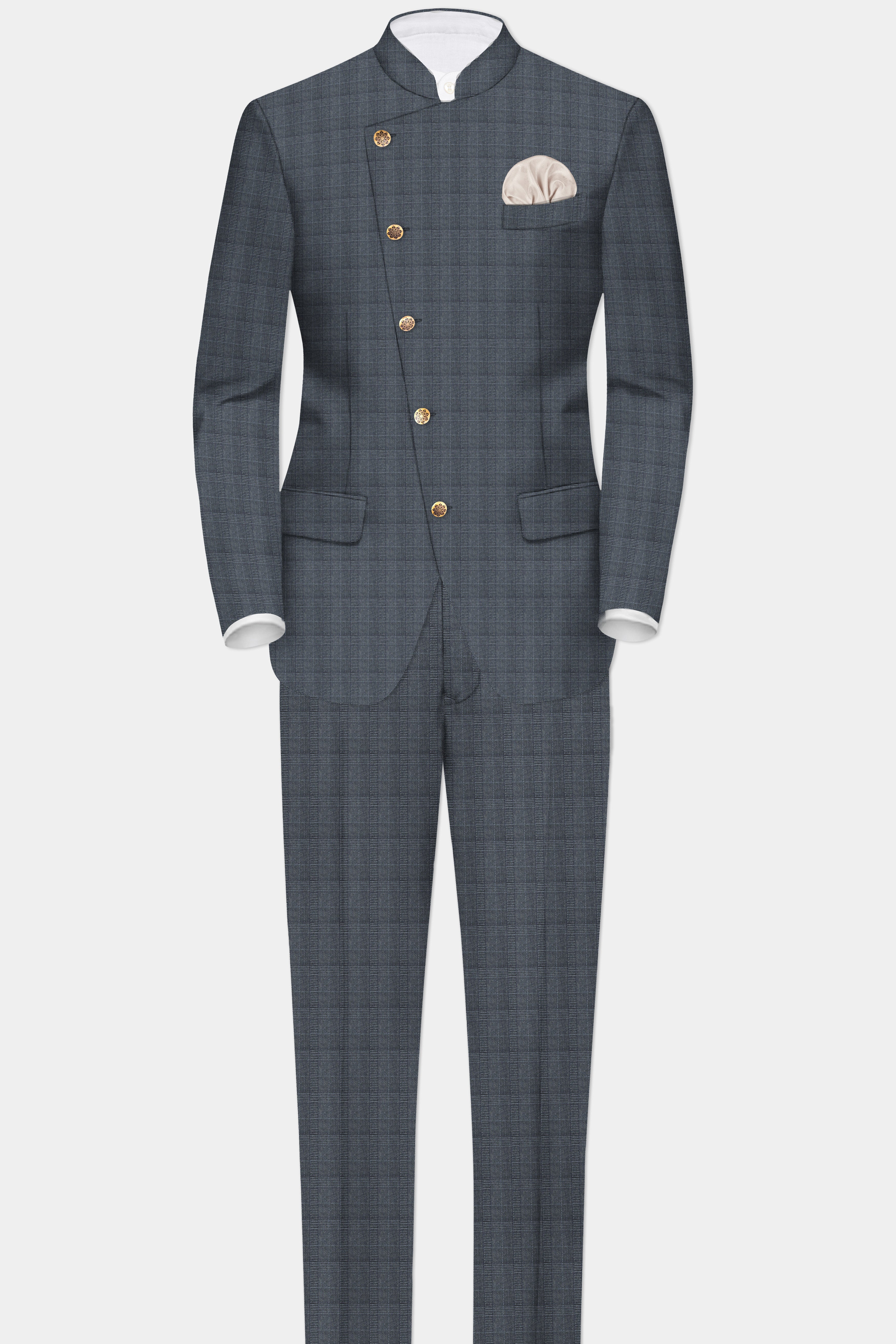 Trout Gray Windowpane Wool Rich Cross Placket Bandhgala Blazer