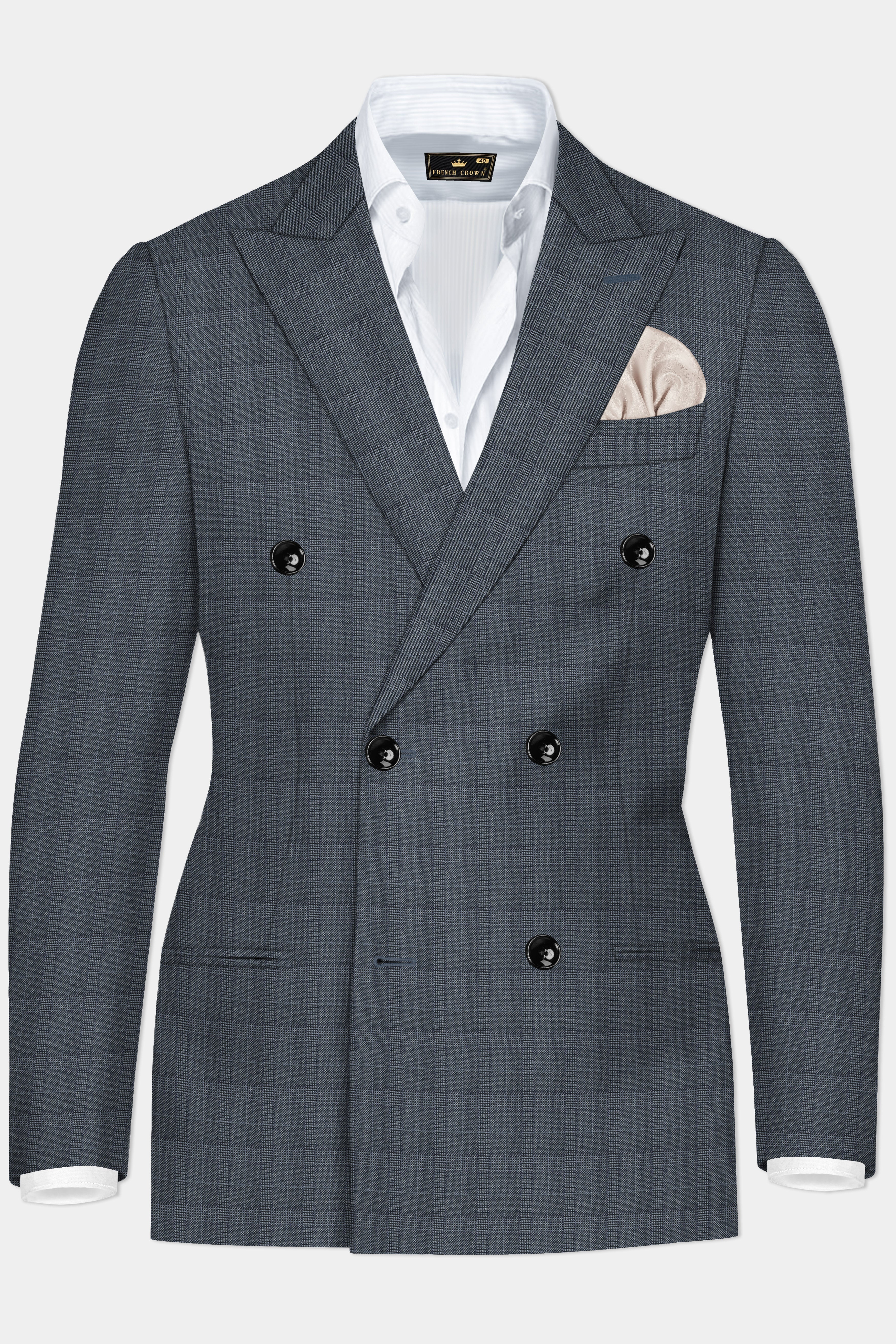 Trout Gray Windowpane Wool Rich Double Breasted Blazer