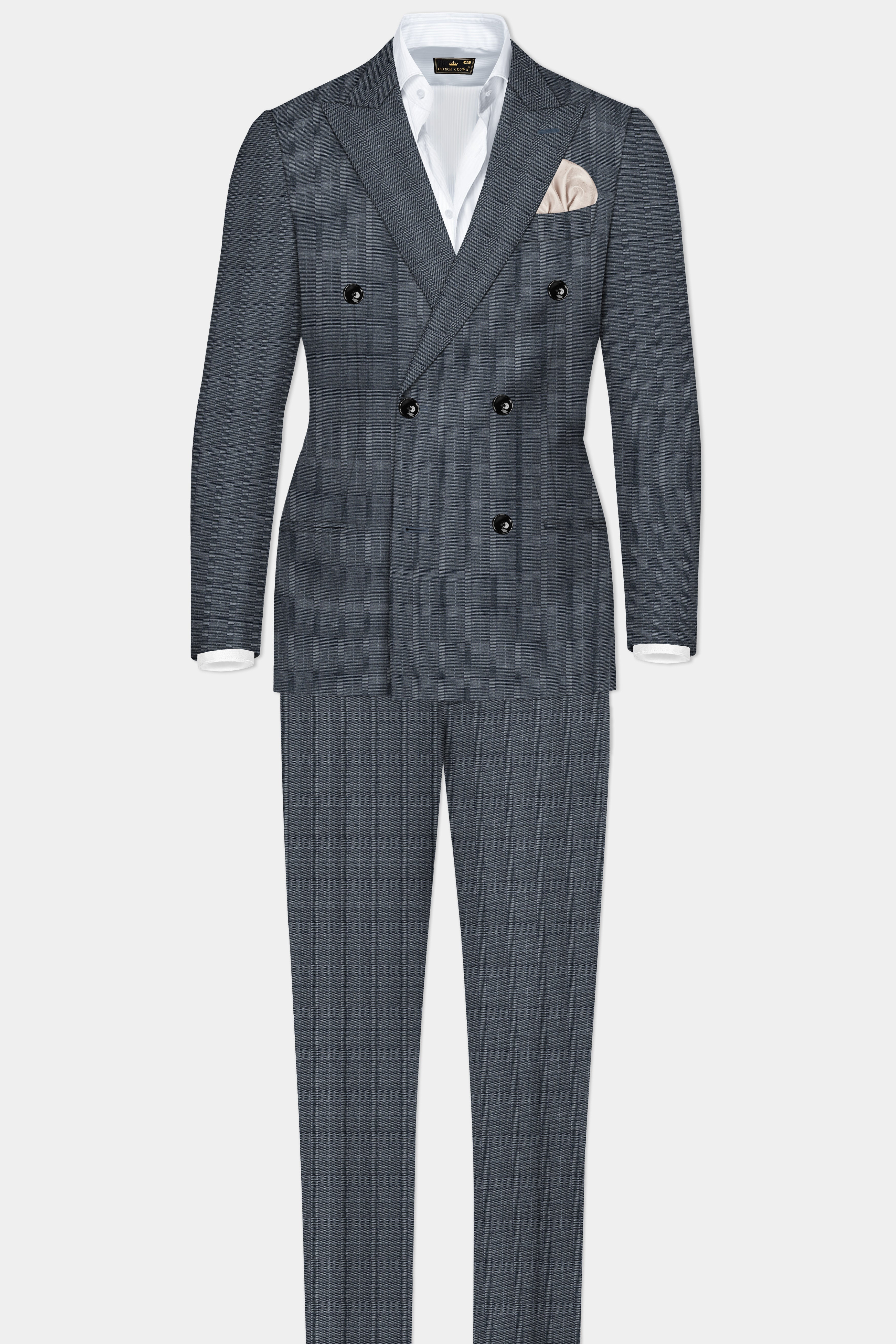 Trout Gray Windowpane Wool Rich Double Breasted Blazer