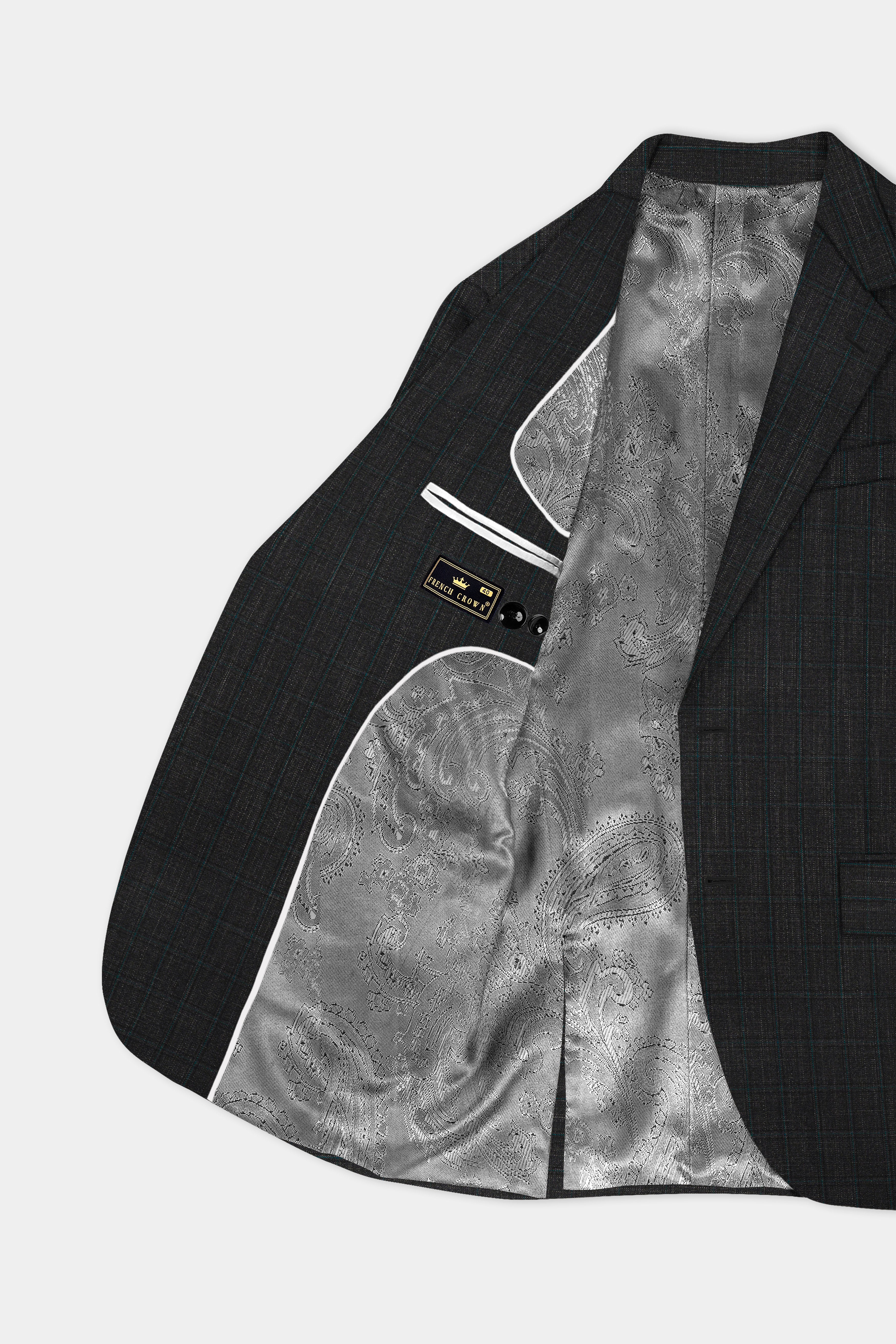 Charcoal Gray Plaid Wool Rich Single Breasted Blazer