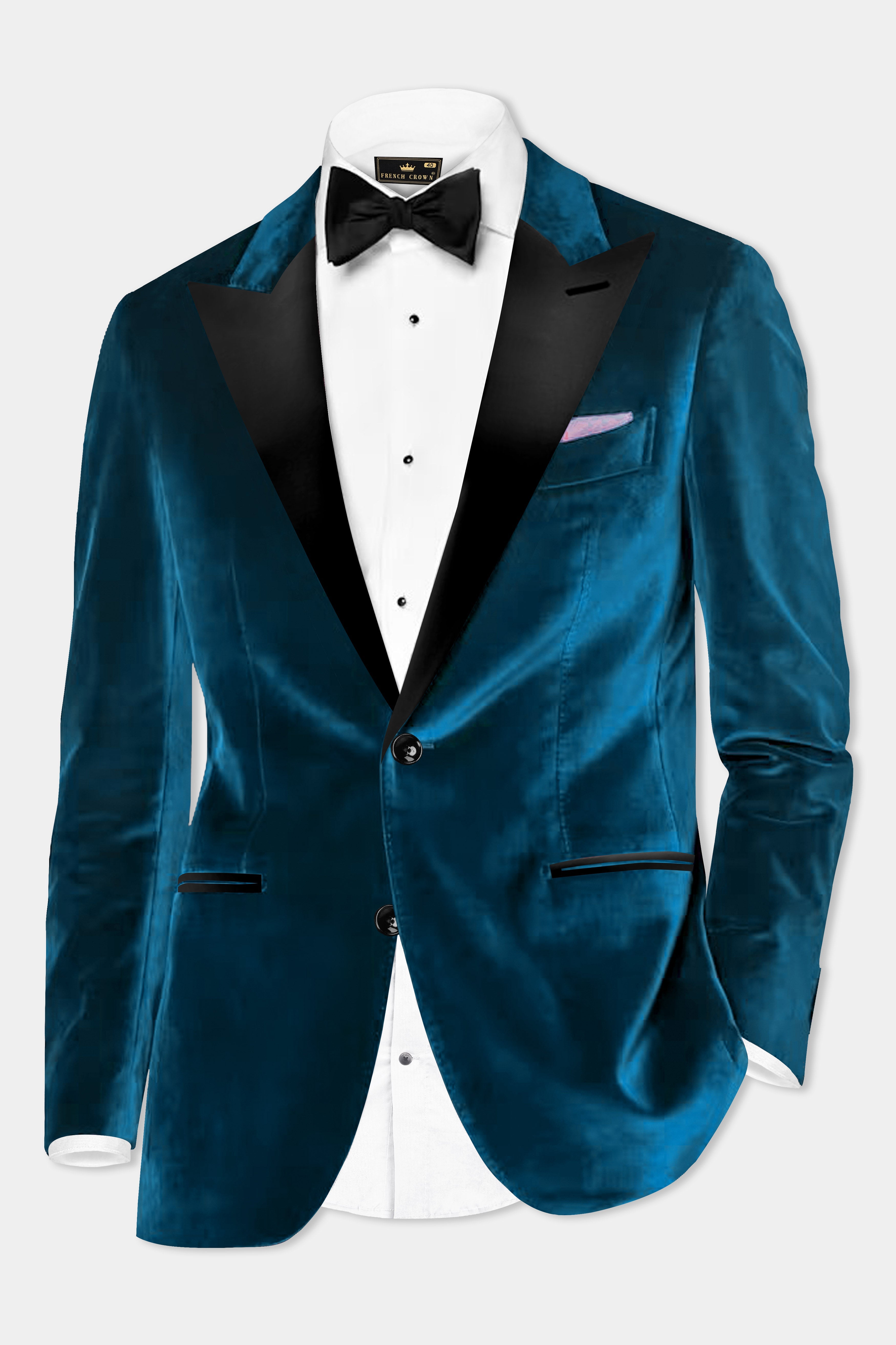 Azure Regal-Prussian Blue Velvet Peak Lapel Tuxedo Blazer